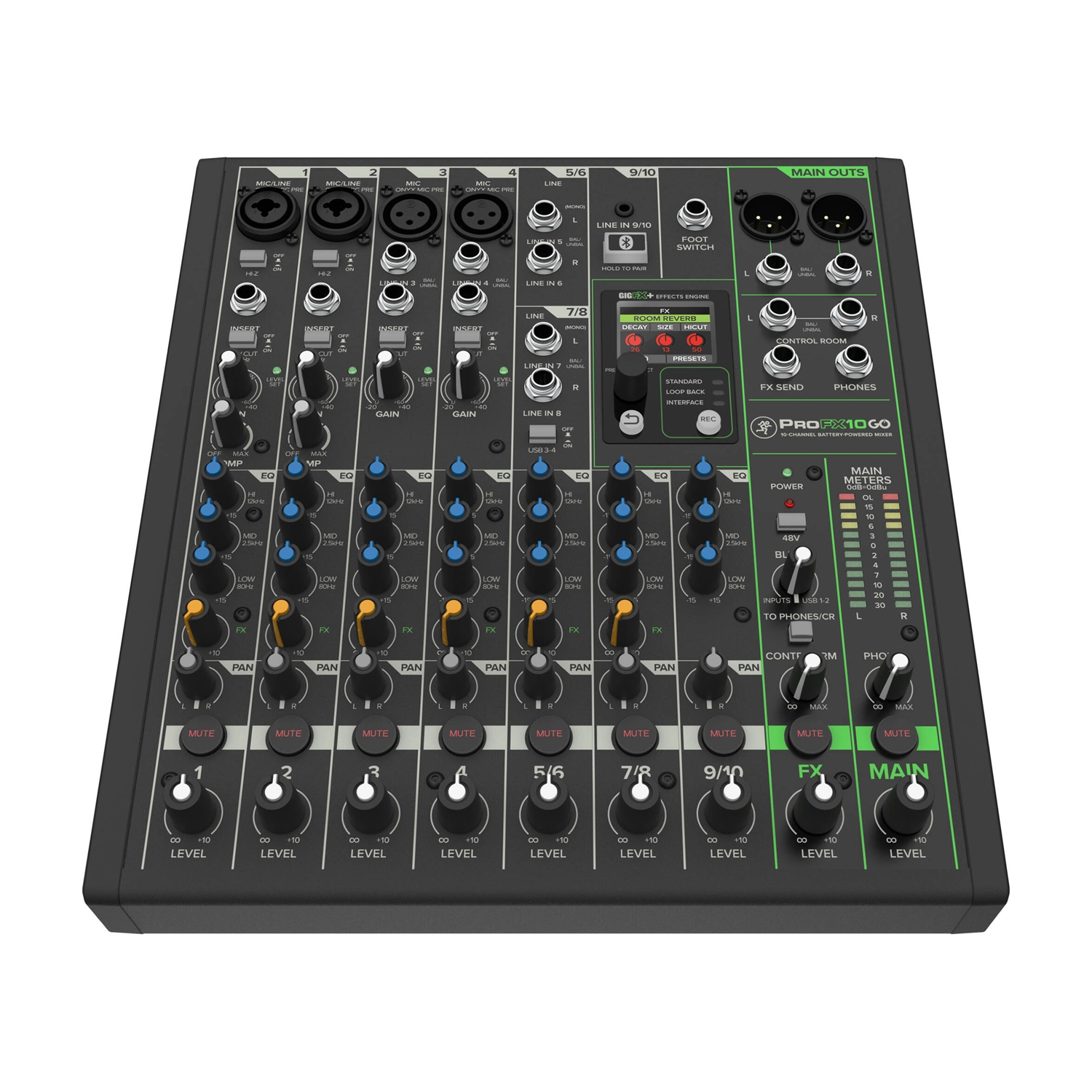 Mackie ProFX10 Go Battery-powered 10-channel Mixer with USB front panel view