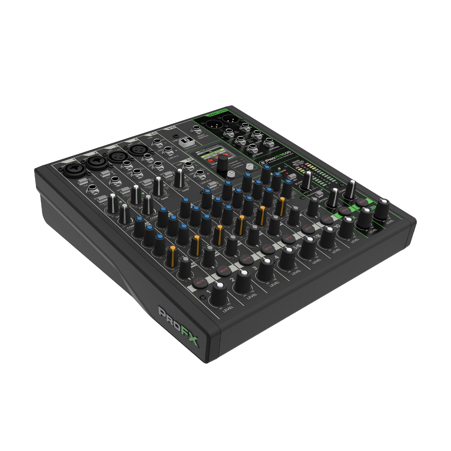 Mackie ProFX10 Go Battery-powered 10-channel Mixer with USB front side angle view