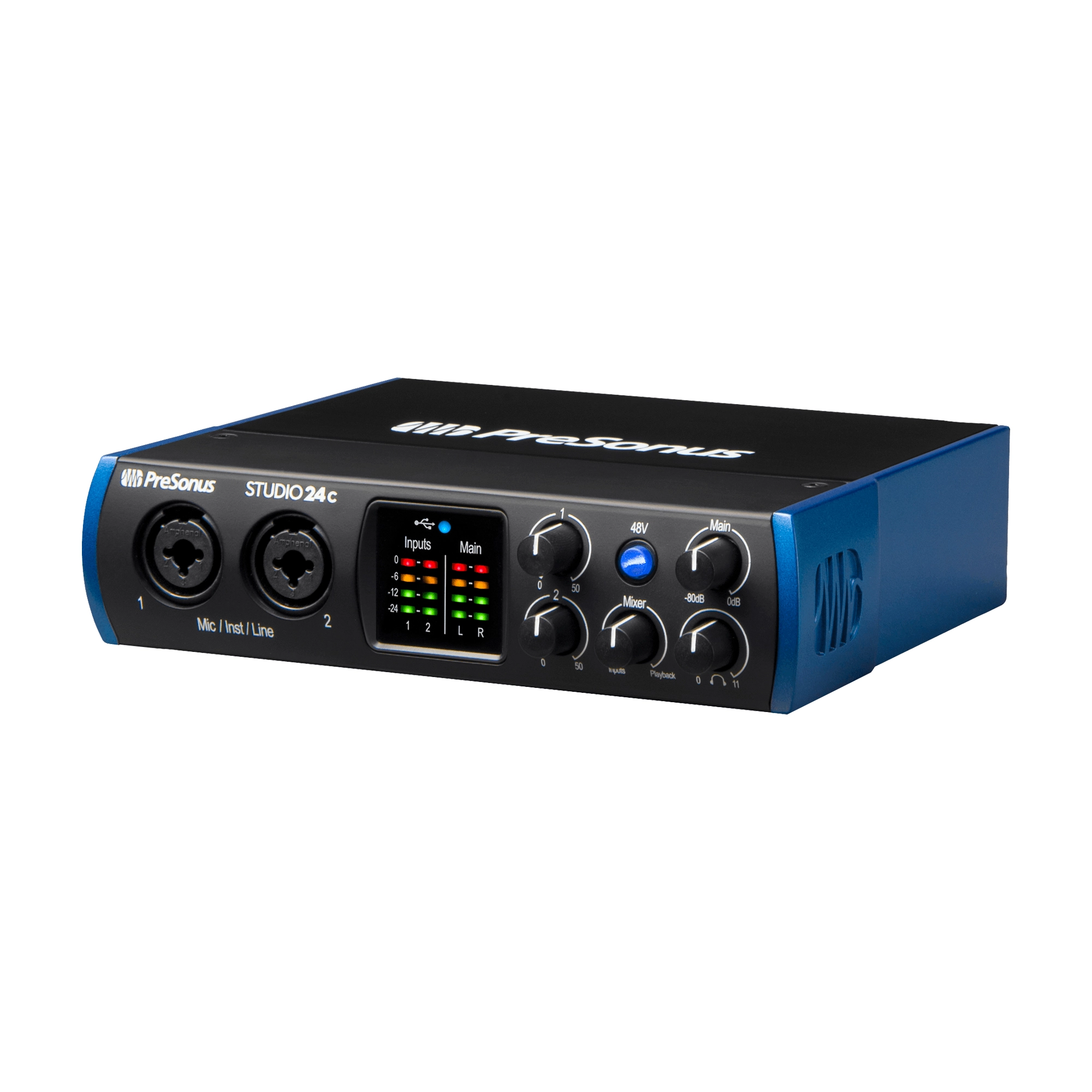 PreSonus Studio 24c audio interface Front side angle on a white background