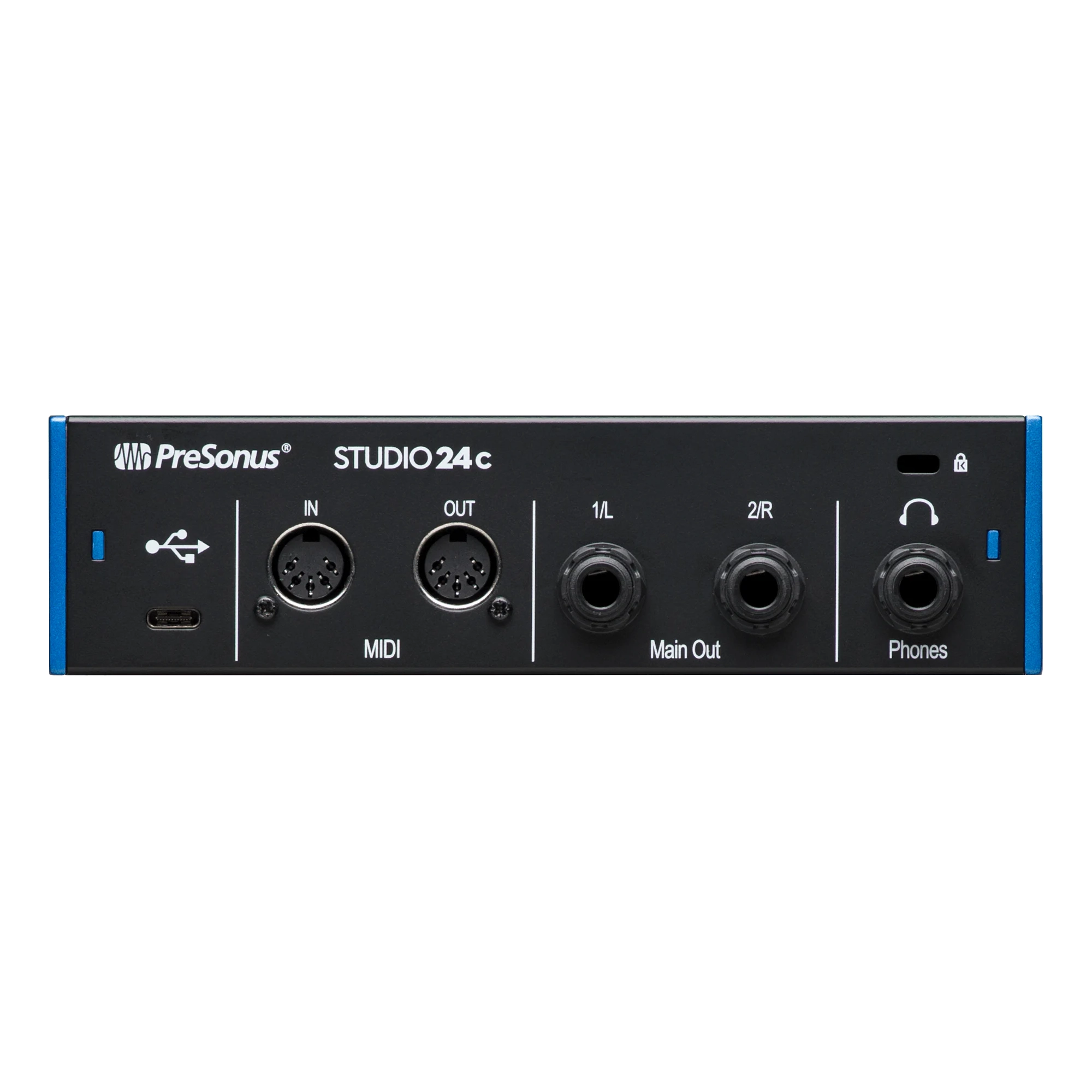 PreSonus Studio 24c audio interface Back side angle on a white background