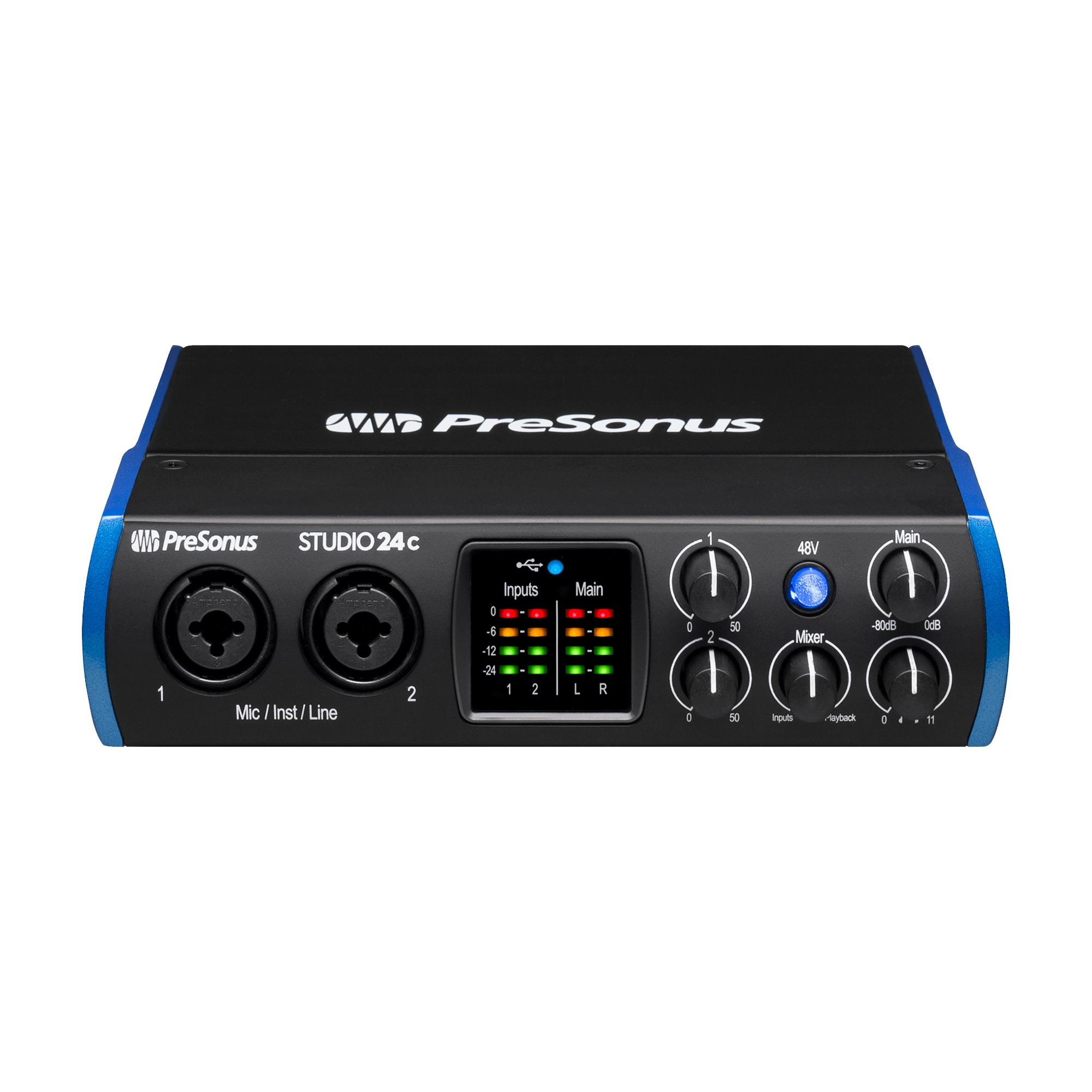 PreSonus Studio 24c audio interface with control knobs and display on a white background