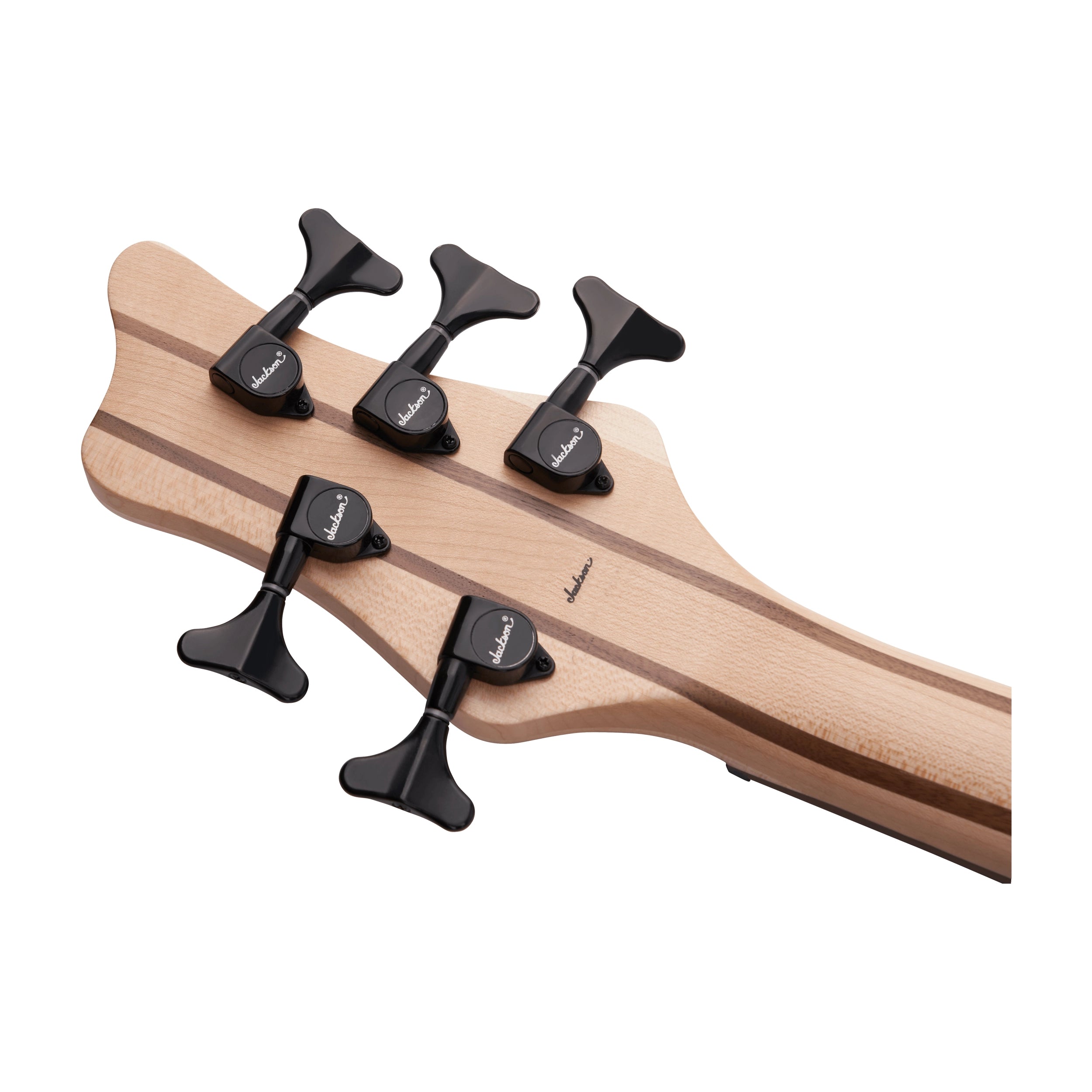 Close up of Jackson Pro Series Headstock with Jackson brand black tuning pegs on a white background.