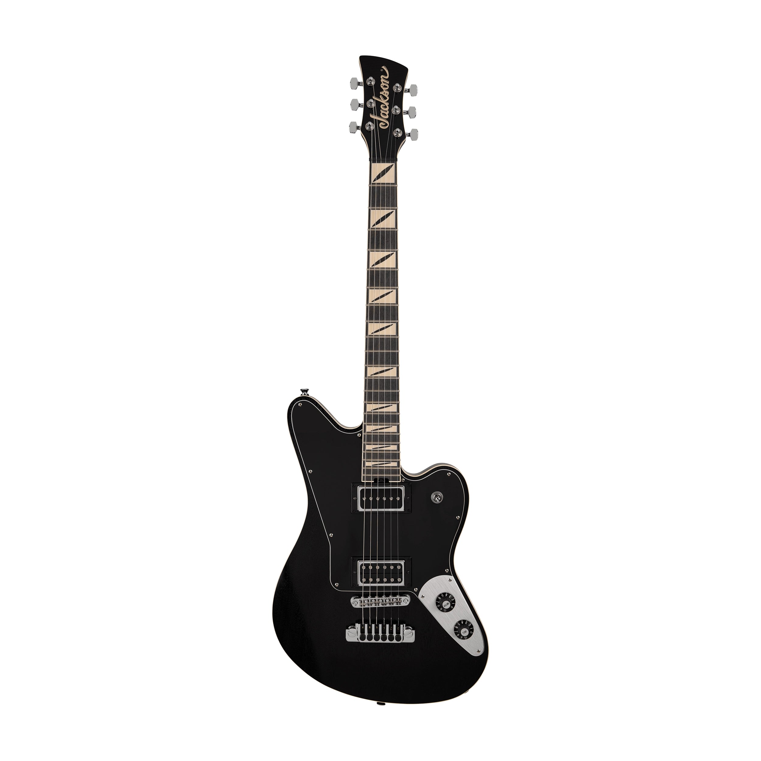 Black electric guitar on a white background