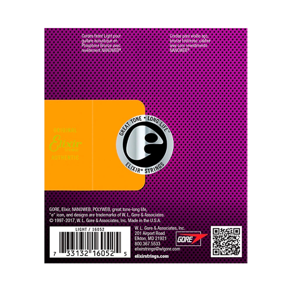 Cuerdas de guitarra acústica Elixir Phosphor Bronze con recubrimiento NANOWEB, Ligera (.012-.053)
