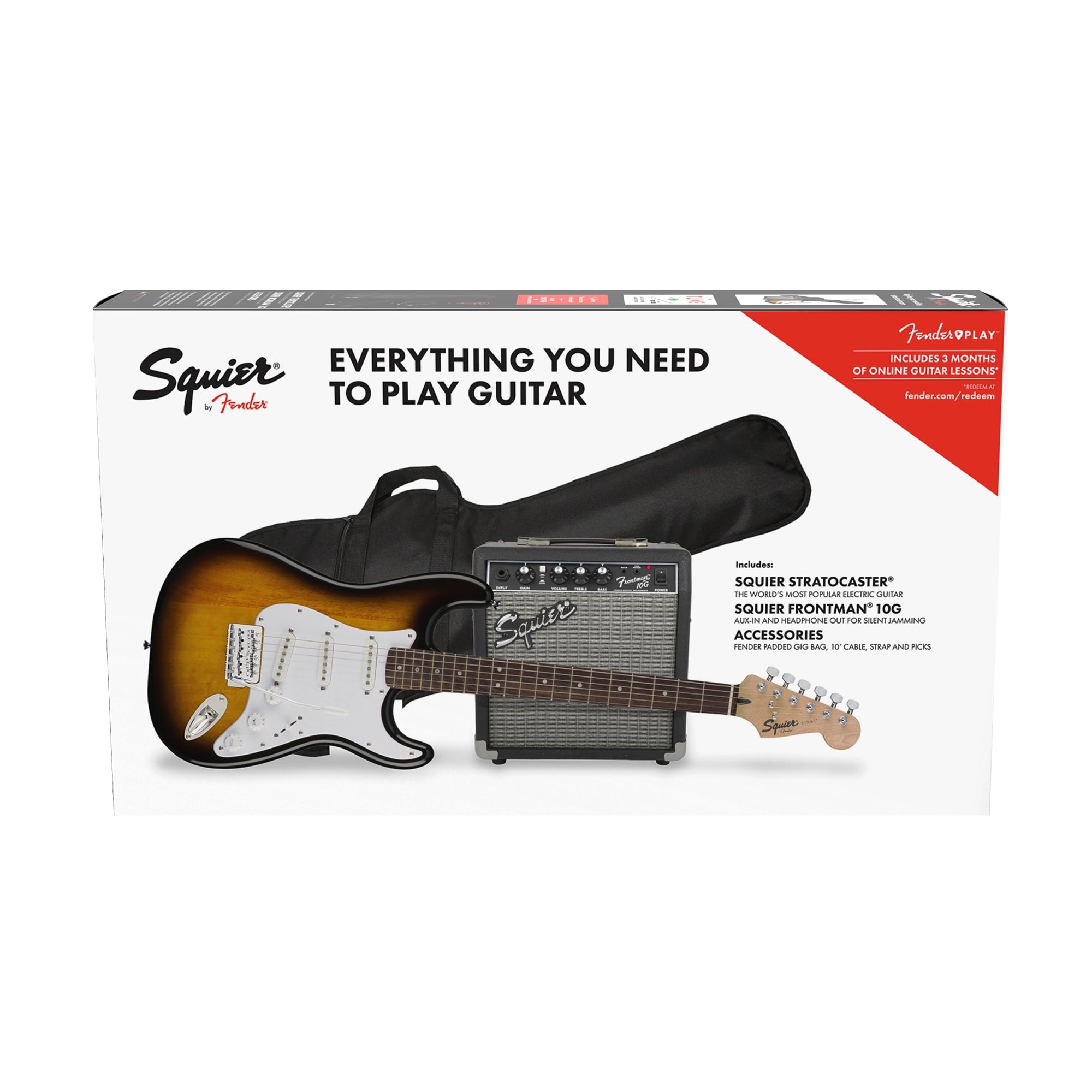 Squier Stratocaster Electric Guitar Pack - Brown Sunburst / Fender Frontman 10G Amp