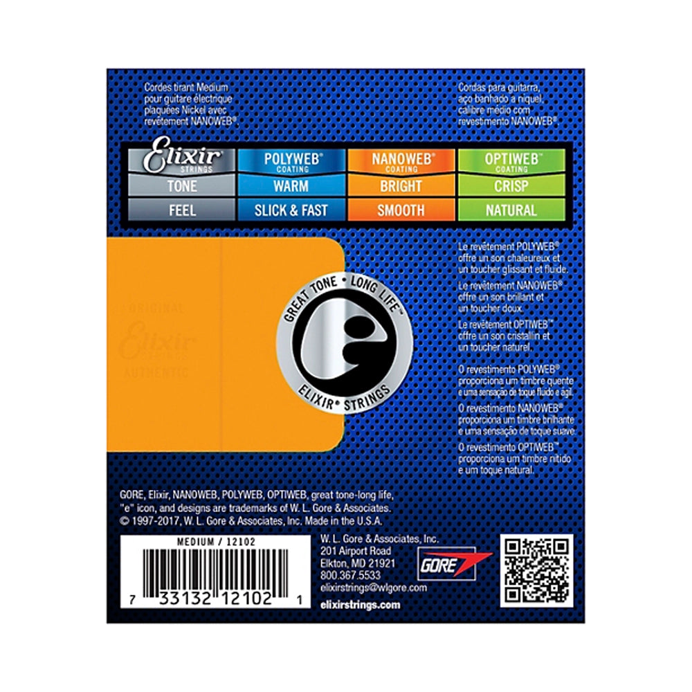 Cuerdas de guitarra eléctrica Elixir con recubrimiento NANOWEB, medianas (.011-.049)