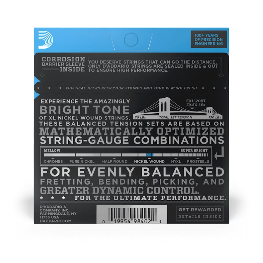 Cuerdas de guitarra eléctrica D'Addario EXL120BT de tensión equilibrada X-Lite, paquete individual