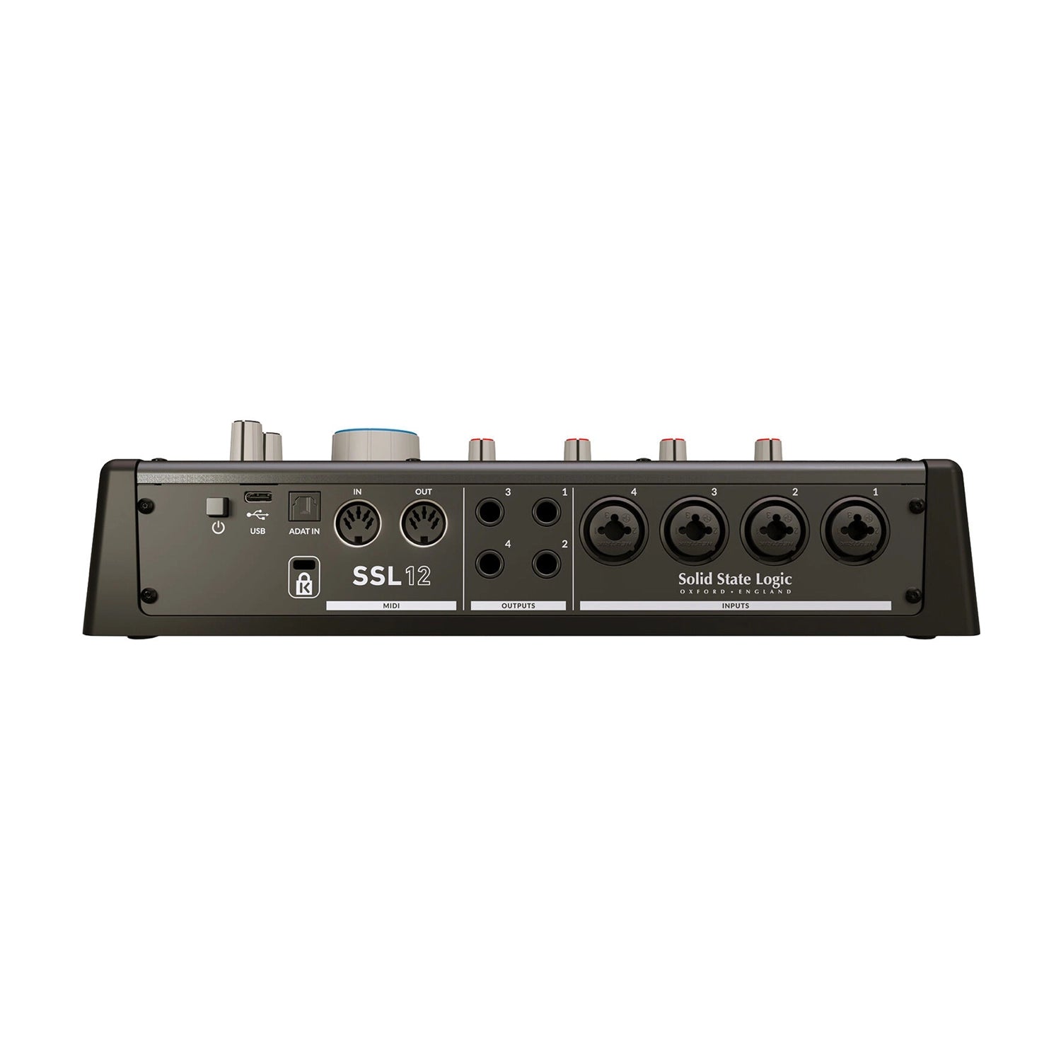 Solid State Logic audio interface back panel  on a white backgroundith 4 hybrid(xlr and instrument) inputs and 4 1/4 inch outputs, midi, adat in and usb-c connectons.