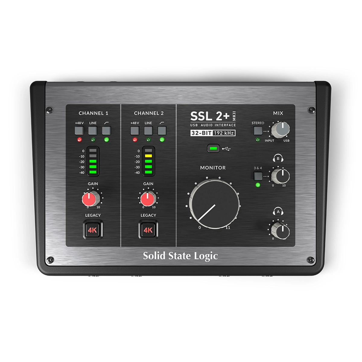 Solid State Logic SSL 2+ audio interface on a white background