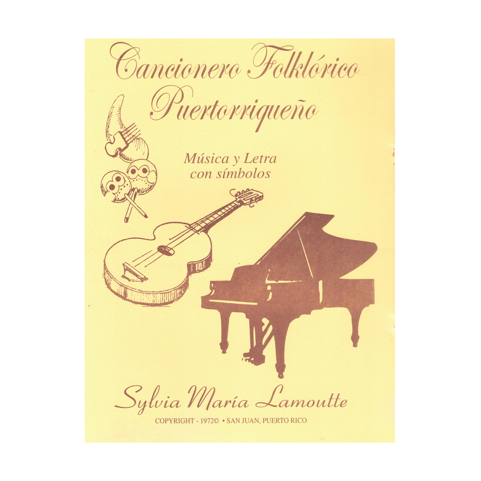 Book cover of 'Cancionero Folklórico Puertorriqueño' with a guitar and piano illustration on a yellow background.