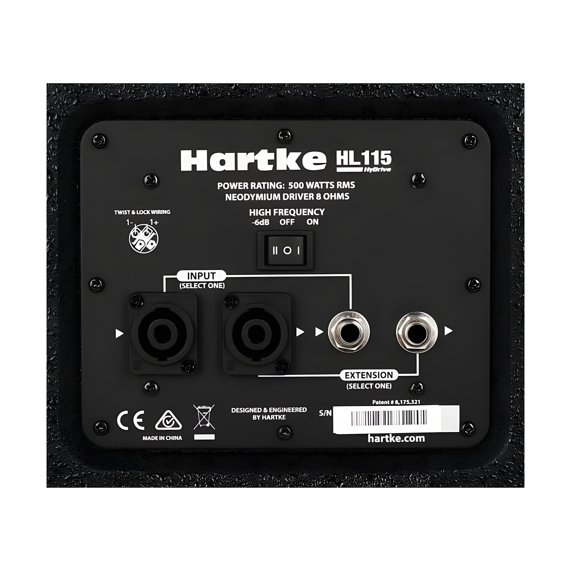 Close-up view of back panel of Hartke Hydrive HL115 500W 1 X 15-Inch Bass Cabinet - Black