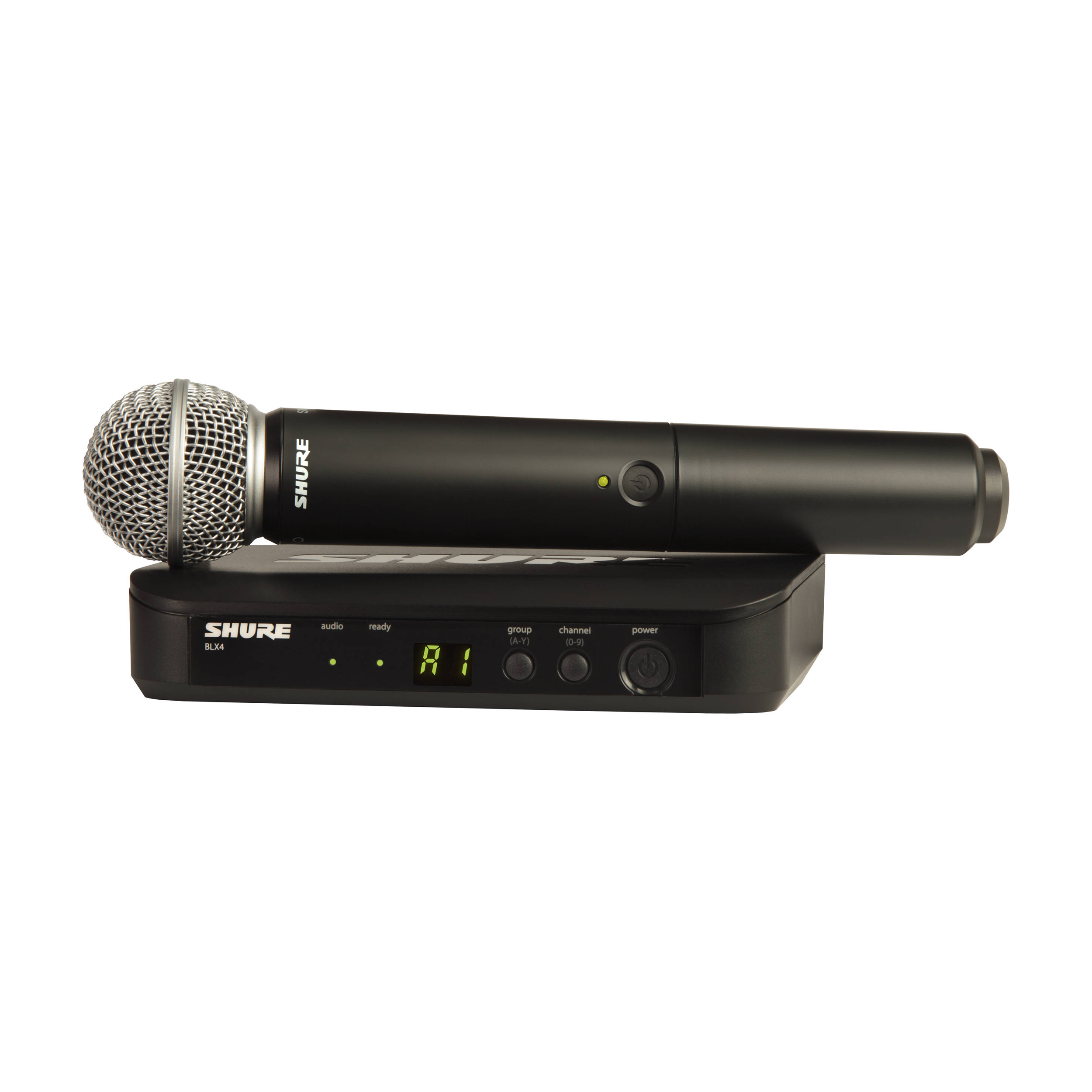 Shure BLX24/SM58 wireless handheld microphone system with SM58 capsule front view