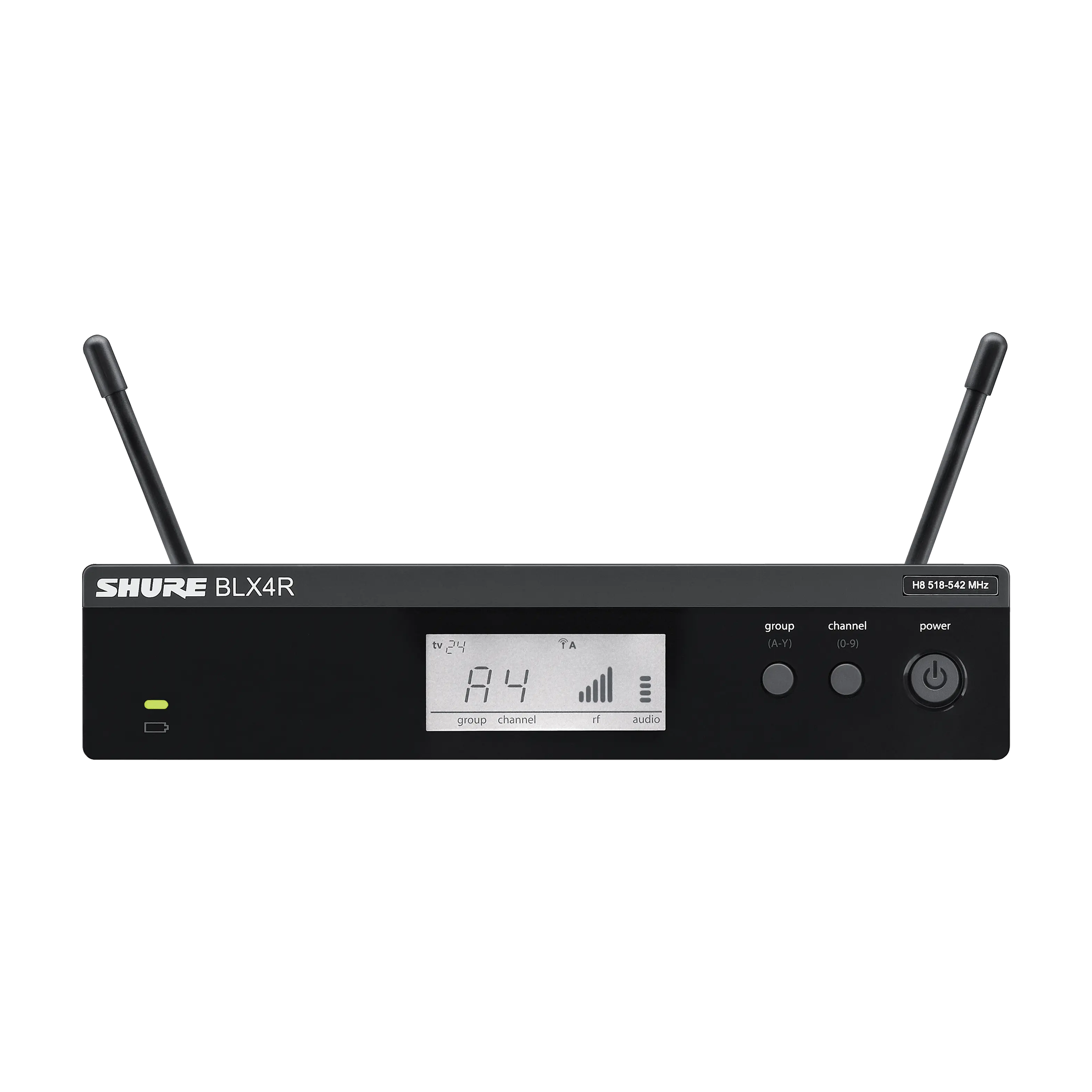 Shure BLX24R rackmount wireless handheld microphone system with beta 58A capsule, front view
