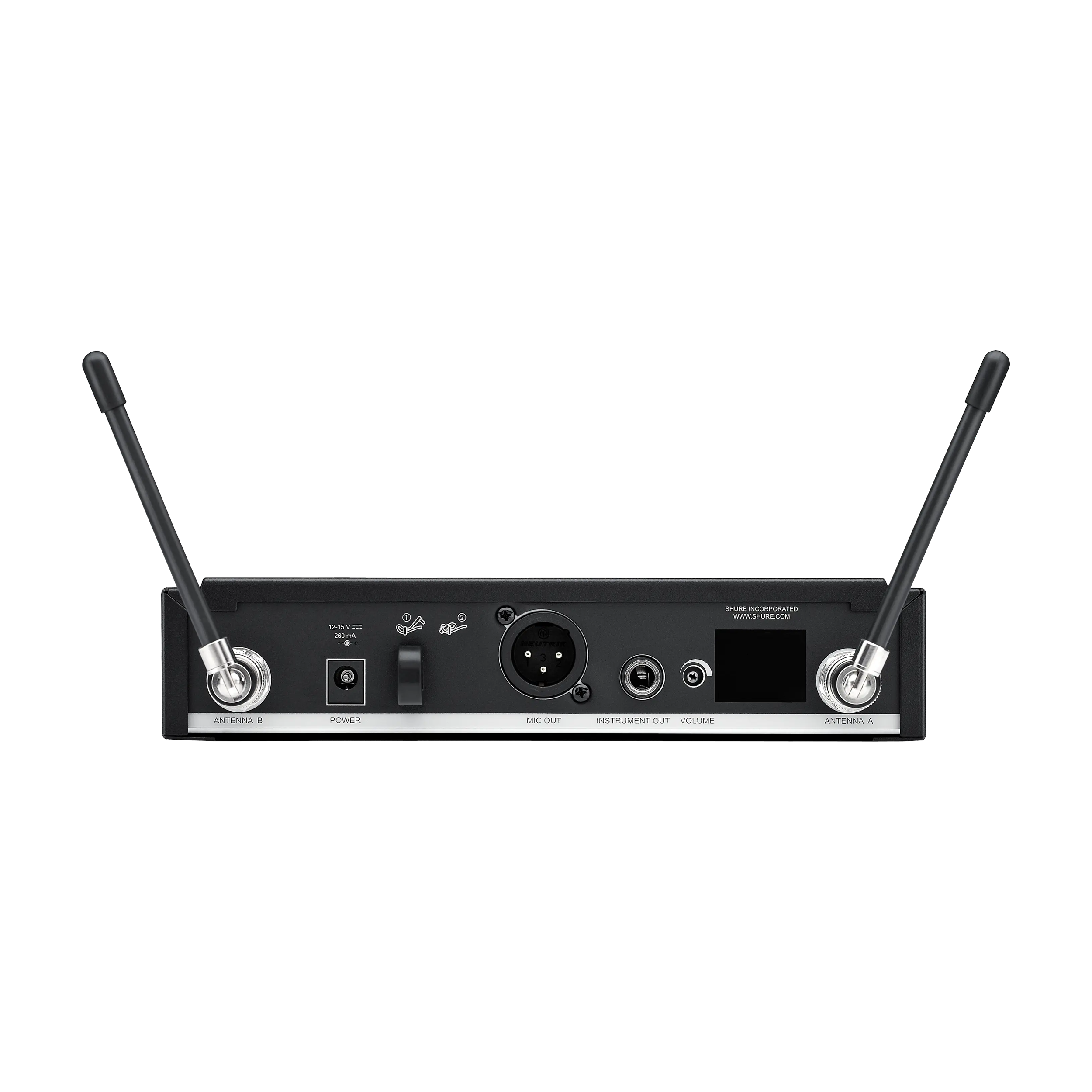 Shure BLX24R rackmount wireless handheld microphone system with beta 58A capsule, back panel view