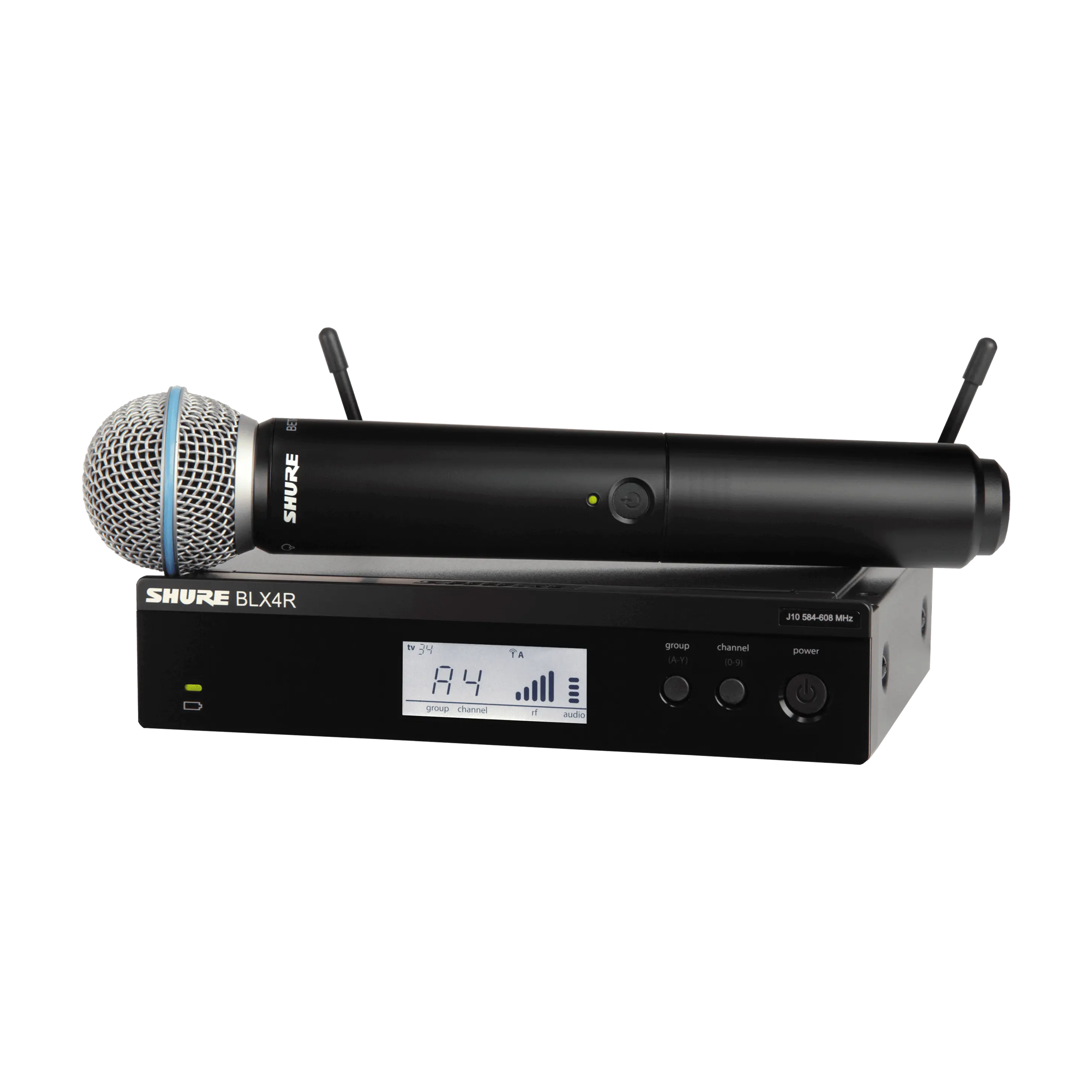 Shure BLX24R/B58 rackmount wireless handheld microphone system with beta 58A capsule, front view