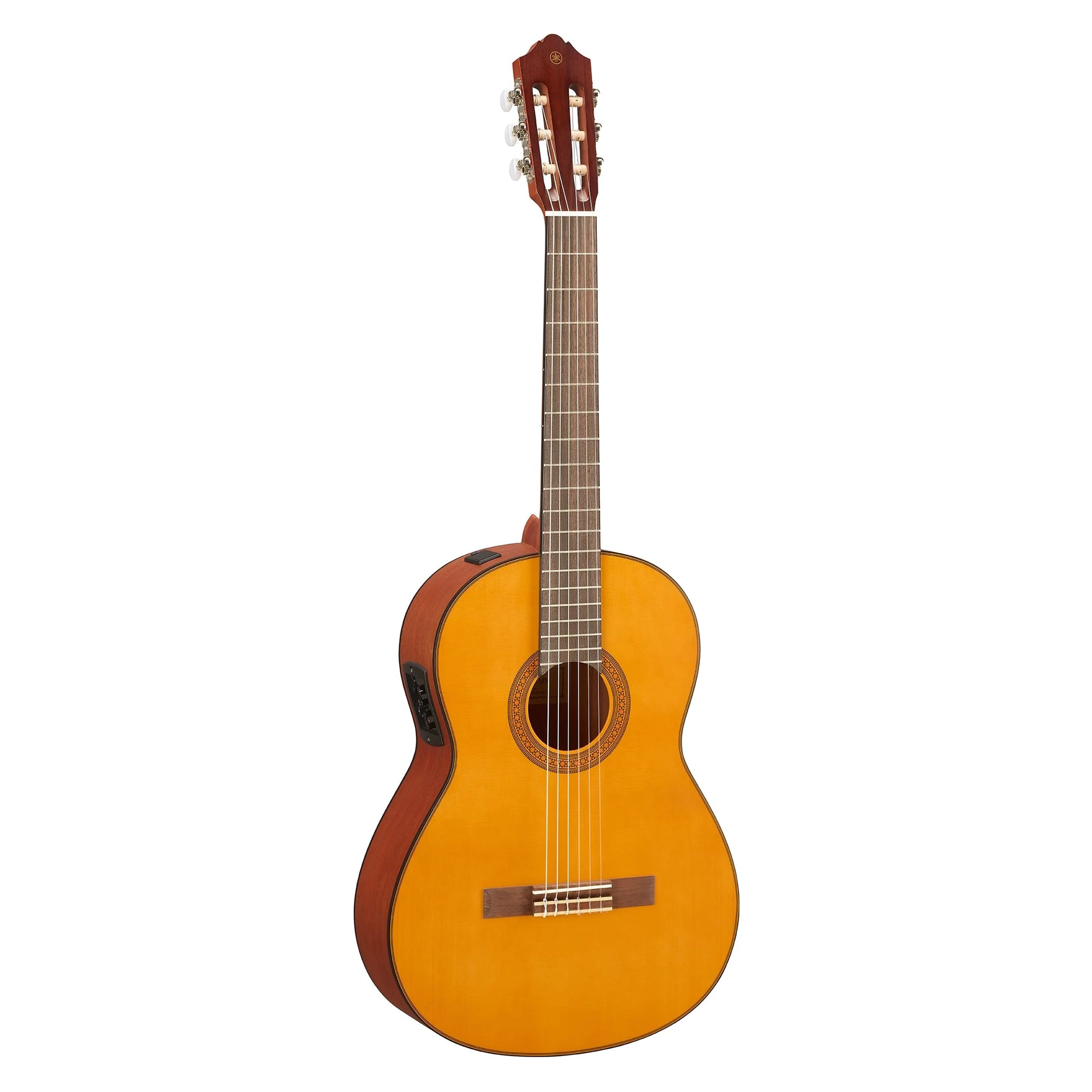 Yamaha CGX122MS Classical Acoustic/Electric Guitar with a solid Engelmann spruce top, natural wood back, and sides, and a red and black pickguard.