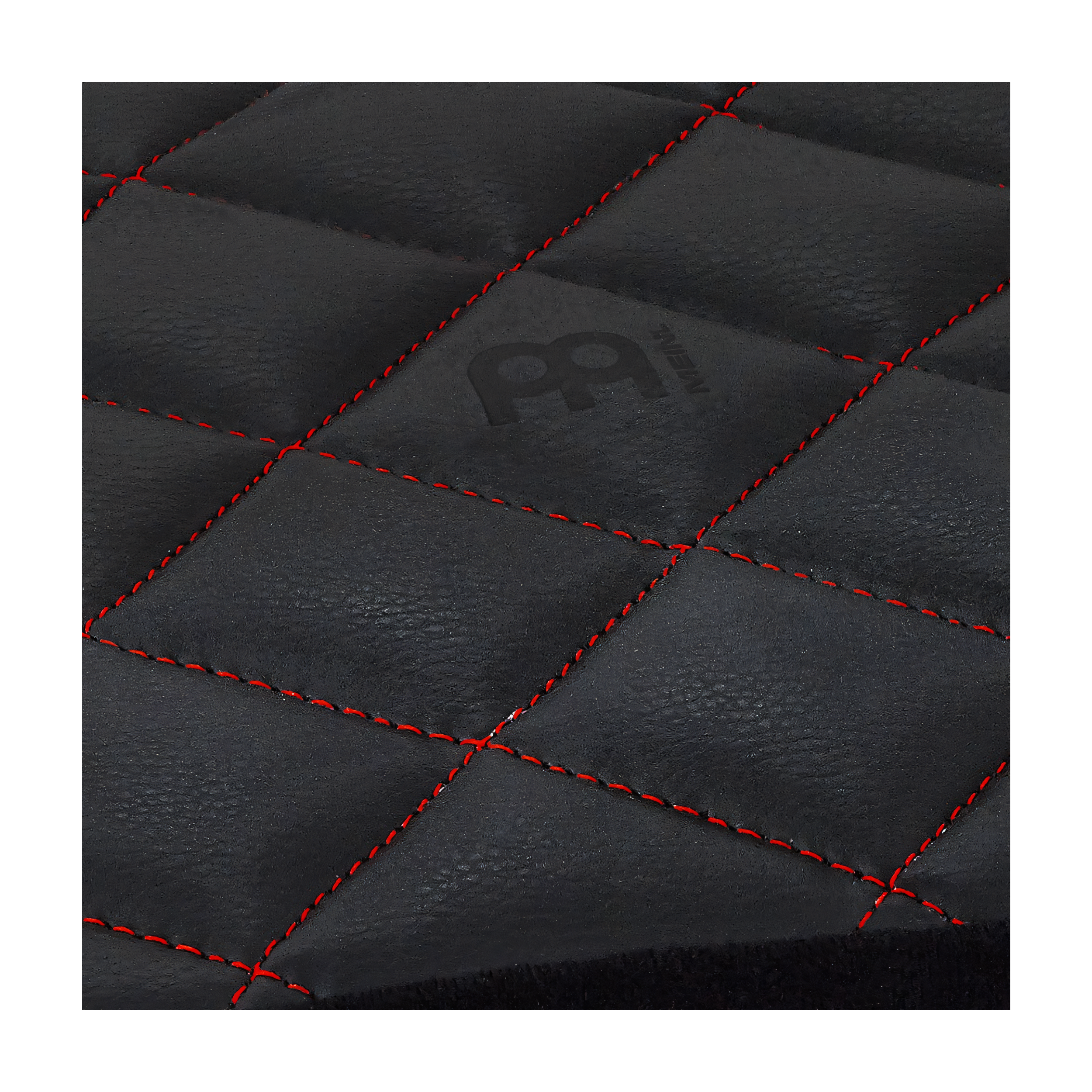Black quilted leather surface with red stitching and a brand logo on a white background