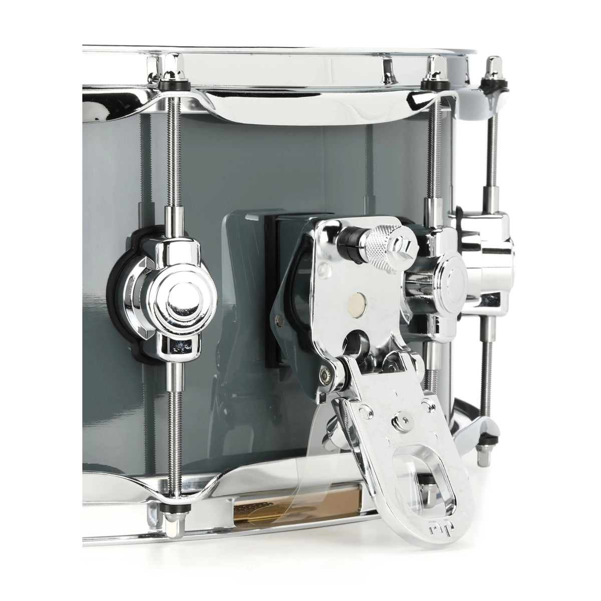 DW Design Series 6" X 14" Snare Drum - Steel Grey Mag Throw Off close up