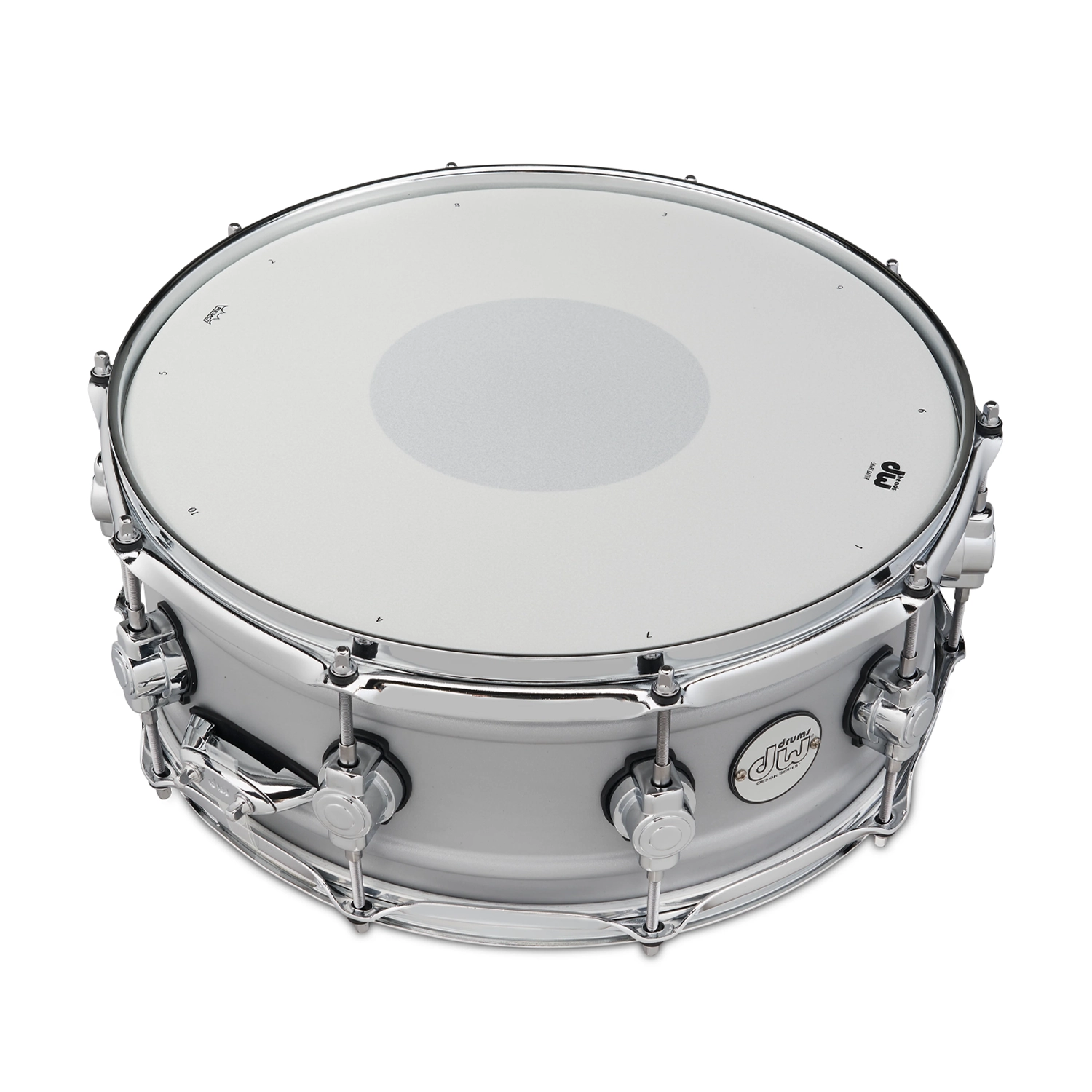 DW Design Series 5.5" X 14" Aluminium Snare Drum - Matte Aluminum front top view