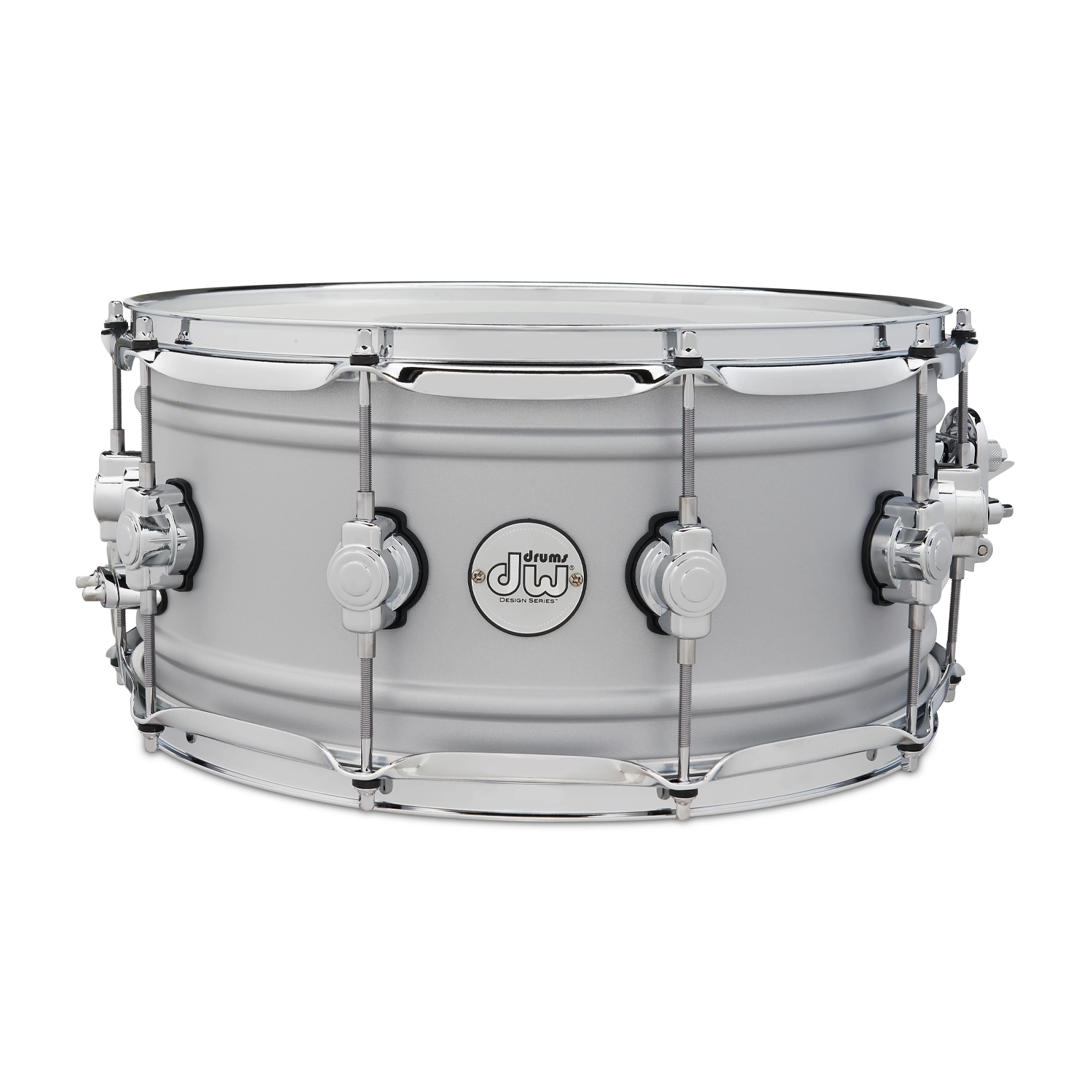 DW Design Series 6.5" X 14" Aluminum Snare Drum - Matte Aluminum DW logo front view