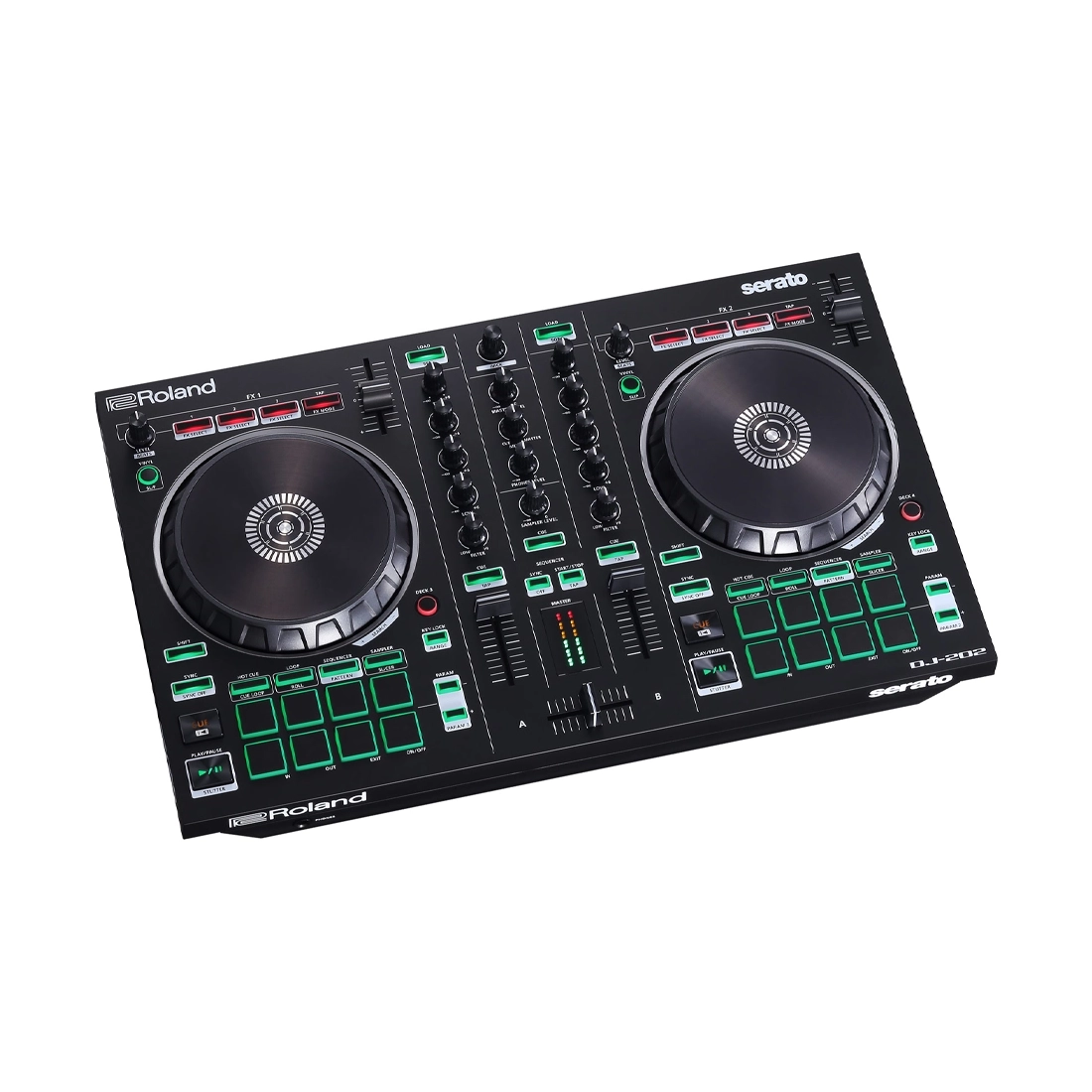 Front view of Roland DJ-202 2-channel Serato DJ Controller with Drum Machine