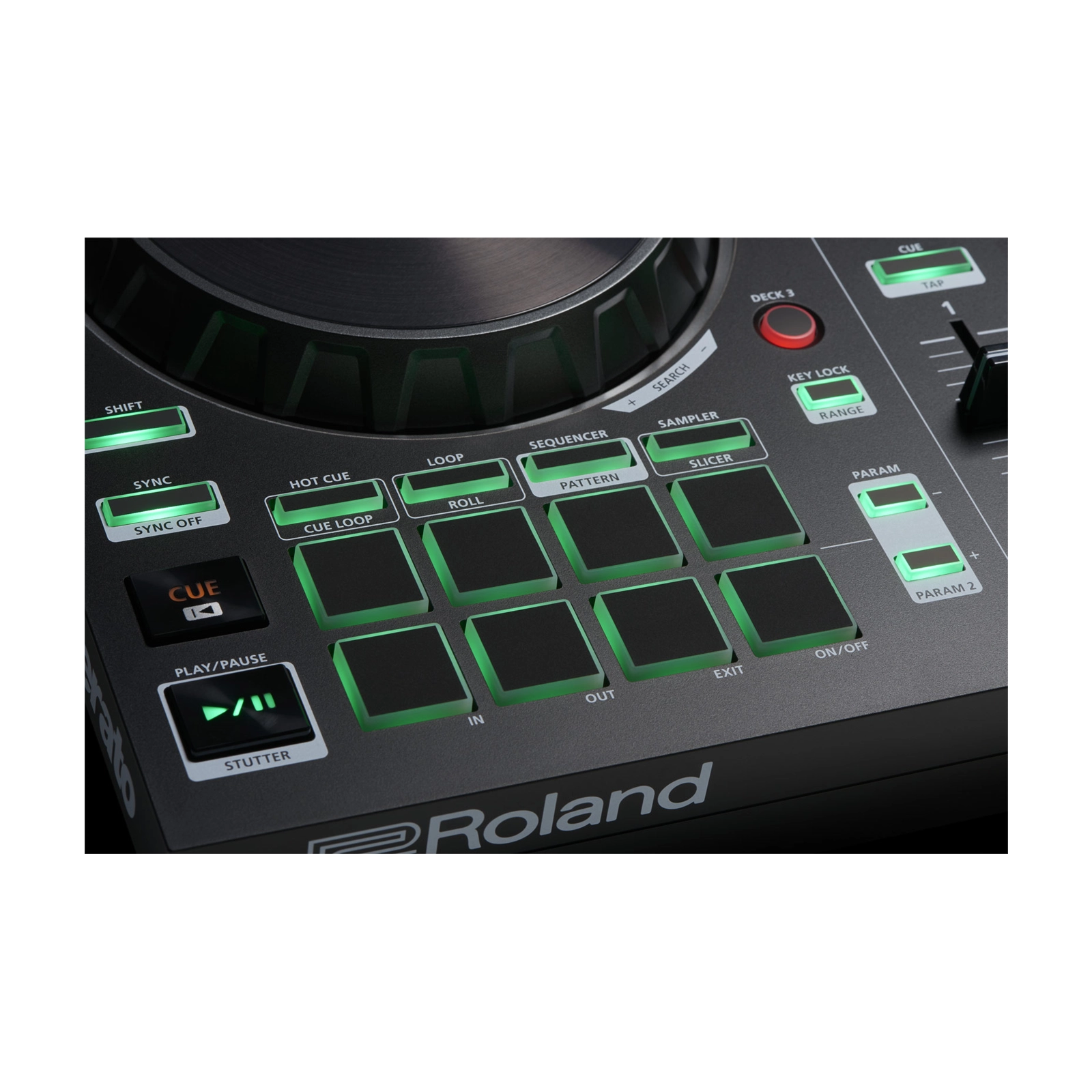 Close-up view of Roland DJ-202 2-channel Serato DJ Controller with Drum Machine