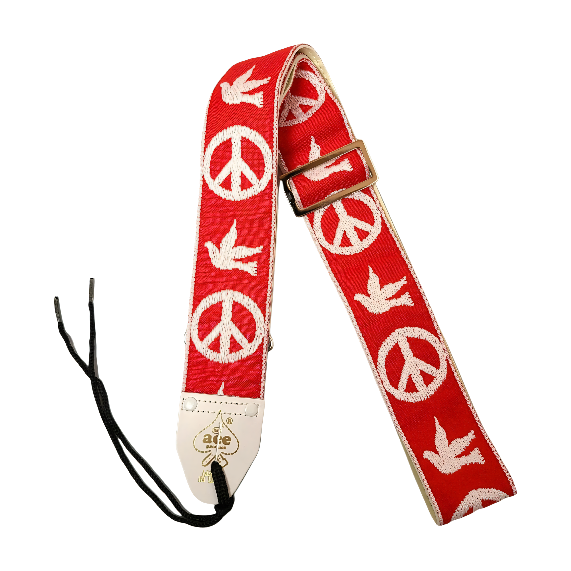 Full view of D'Andrea DN-ACE06 Ace Vintage Reissue Guitar Strap Peace & Dove - Red