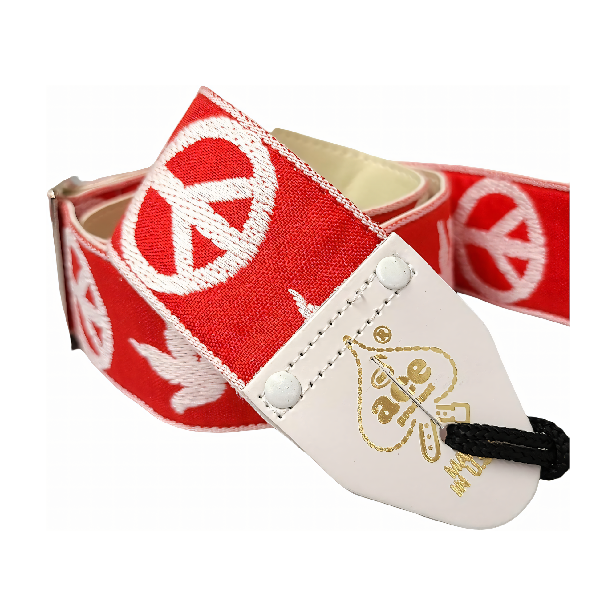 Close-up view of D'Andrea DN-ACE06 Ace Vintage Reissue Guitar Strap Peace & Dove - Red