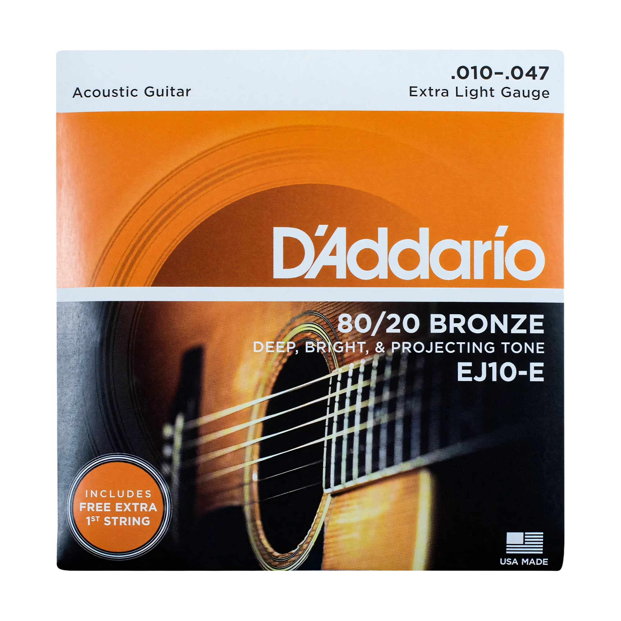 D’Addario EJ10-E 80/20 Bronze, Cuerdas para Guitarra Acústica  Extra Light, Calibre 10-47, 1ra Cuerda Extra GRATIS