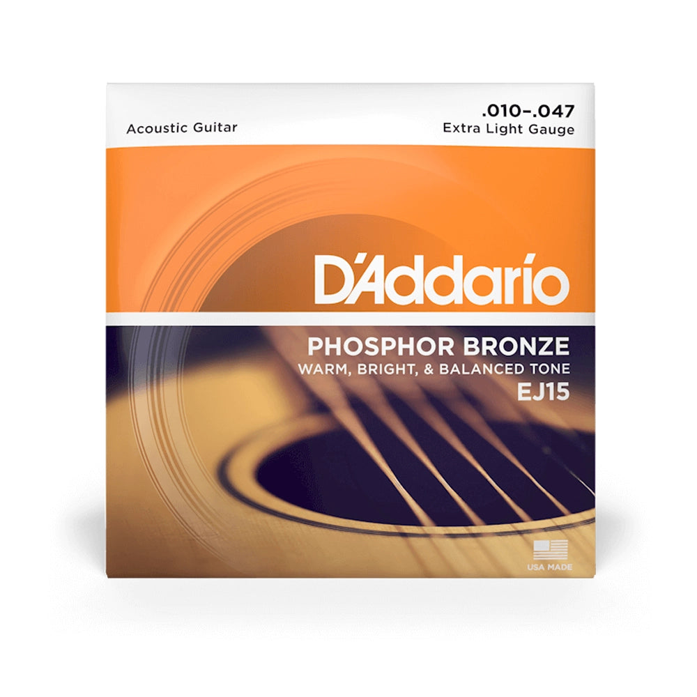 Packaging for D'Addario EJ15 Phosphor Bronze Extra Light Acoustic Guitar Strings featuring a graphic of a guitar and the strings themselves.
