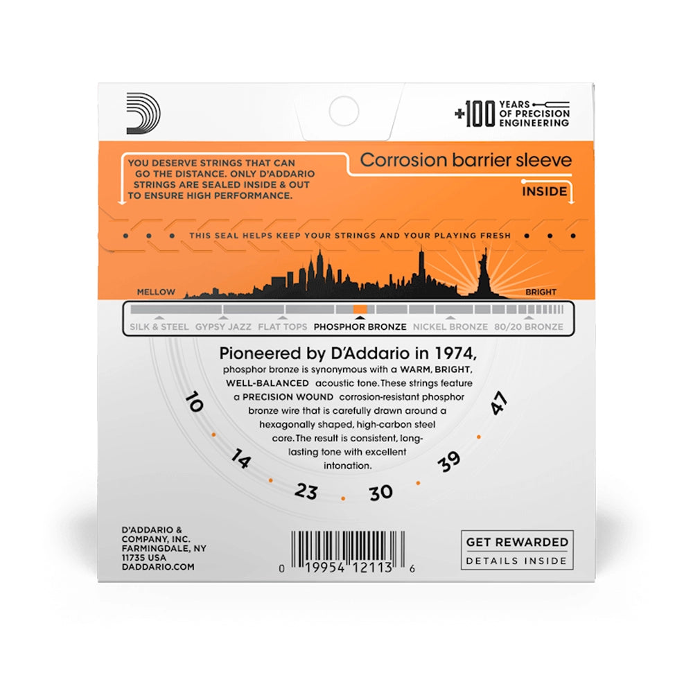 Back Packaging for D'Addario EJ15 Phosphor Bronze Extra Light Acoustic Guitar Strings featuring a graphic of a guitar and the strings themselves.