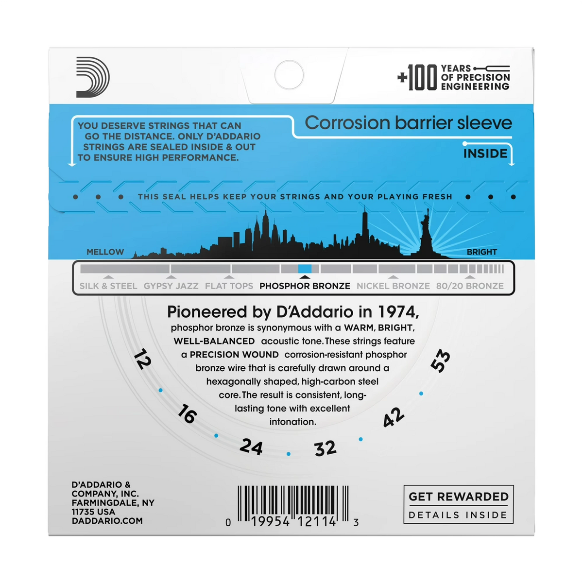 D’Addario EJ16-E Phosphor Bronze Acoustic Guitar Strings 12-53 FREE Extra 1st String