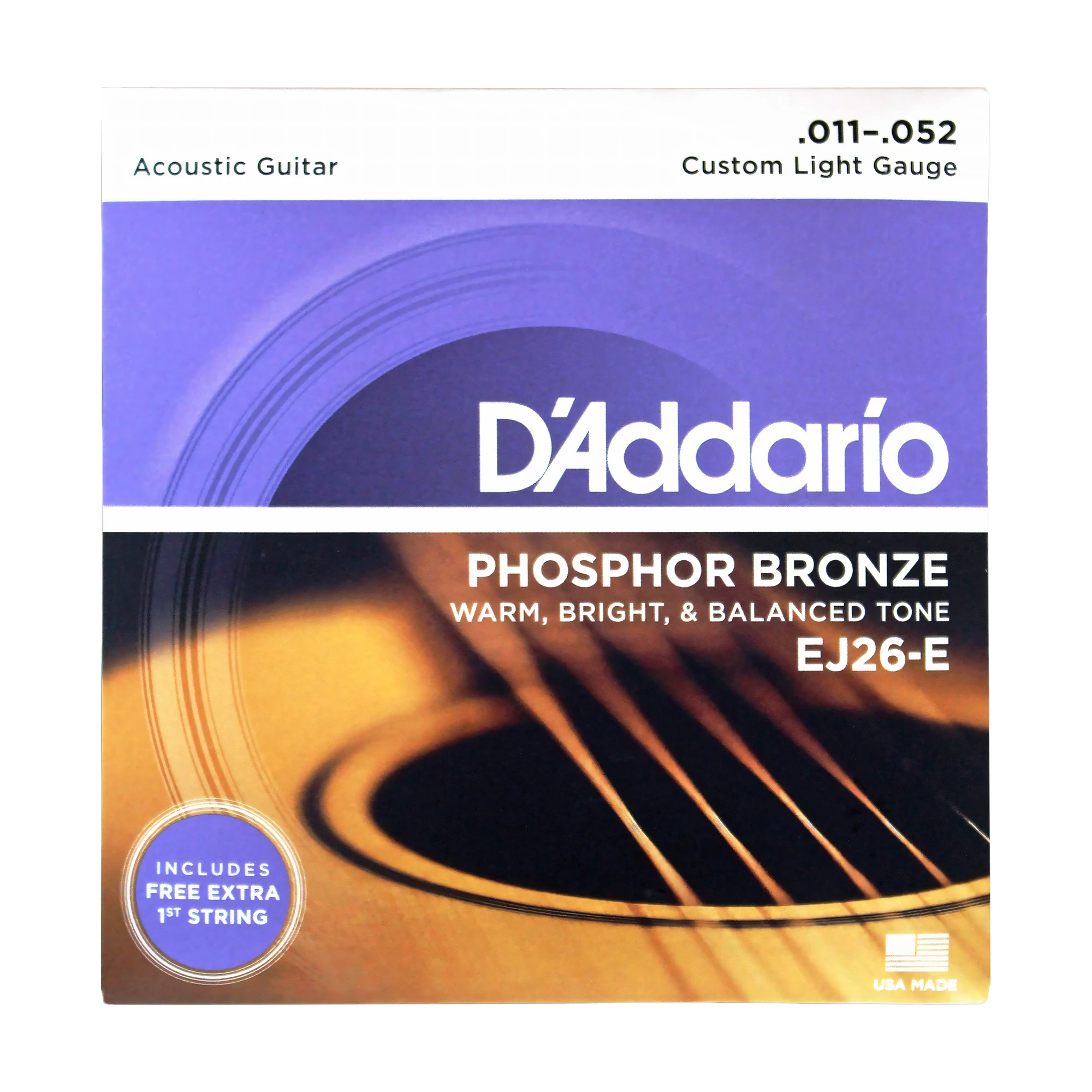 D’Addario EJ26-E Phosphor Bronze, Cuerdas para Guitarra Acústica Calibre Custom Light 11-52, 1ra Cuerda Extra GRATIS