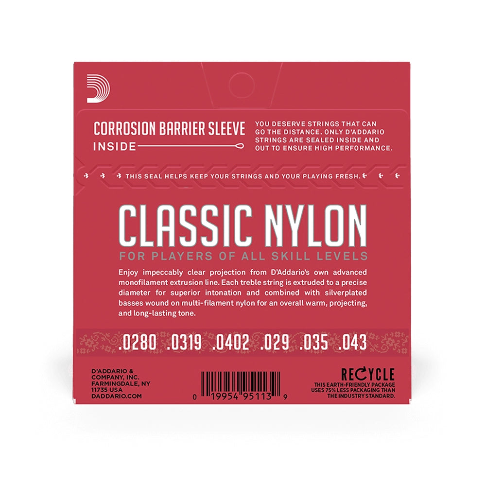 Back Packaging for D'Addario Classic Nylon clear nylon trebles, silver-plated copper wound strings with a red and black design.
