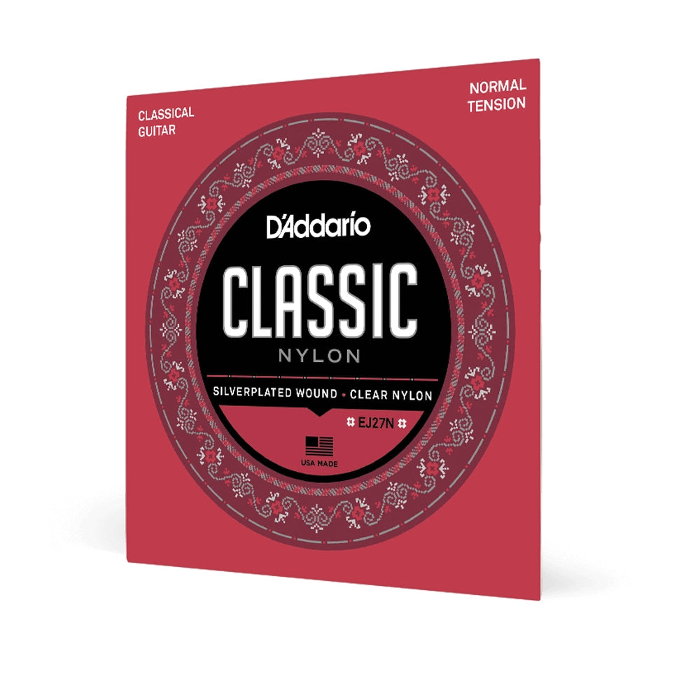Front side angle Packaging for D'Addario Classic Nylon clear nylon trebles, silver-plated copper wound strings with a red and black design.