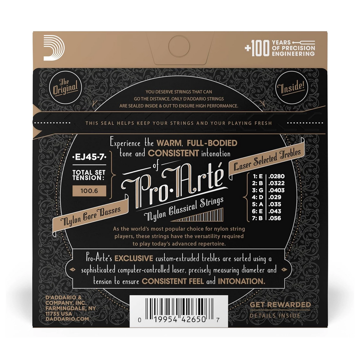D'Addario Pro-Arté Classical Strings EJ45-7, Normal, 7-String back panel view