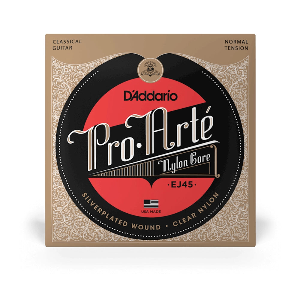 Packaging for D'Addario Pro-Arte EJ45 classical guitar strings with red and black color scheme, silver-plated copper text, and normal tension indication.