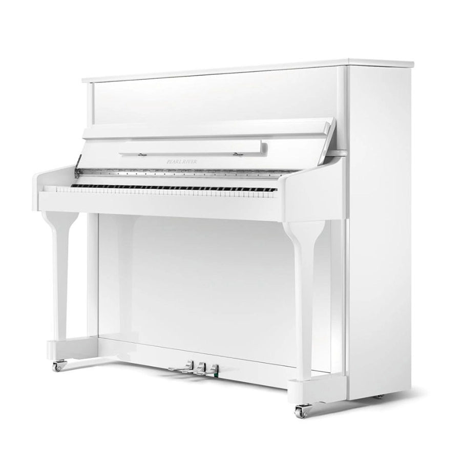 White acoustic upright piano with silver hardware and Pearl River brand logo on a white background