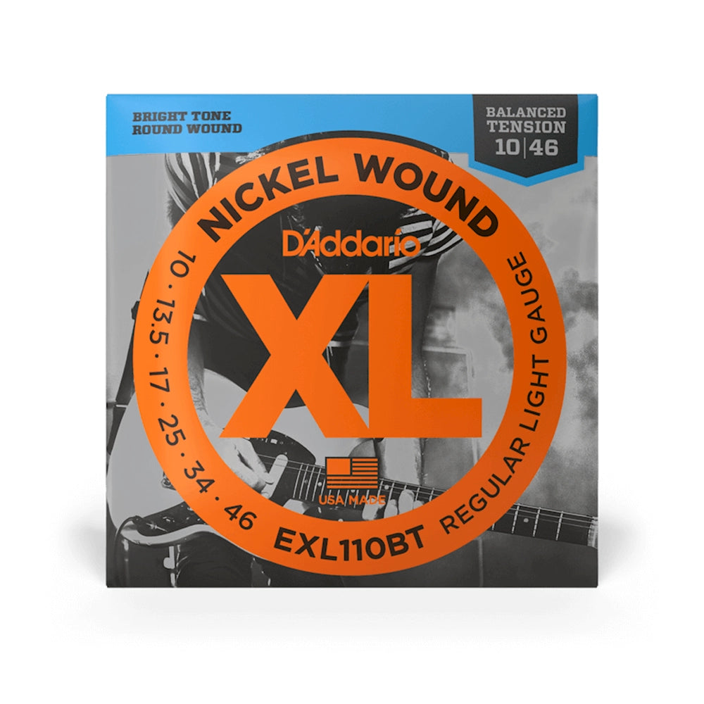 A pack of D'Addario EXL110BT balanced tension electric guitar strings with a bright orange and black color scheme and text indicating the gauge size and product model.