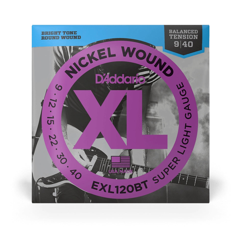 A pack of D'Addario EXL120BT balanced tension electric guitar strings with a bright pink and black color scheme and a picture of a guitar on the front.