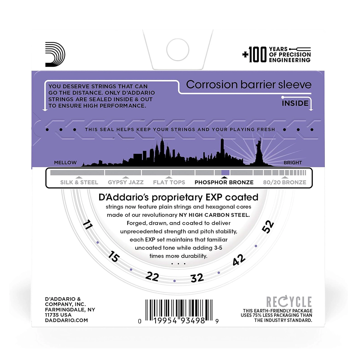 D'Addario Custom Light Gauge (.011-.052) Coated Phosphor Bronze Acoustic Guitar Strings