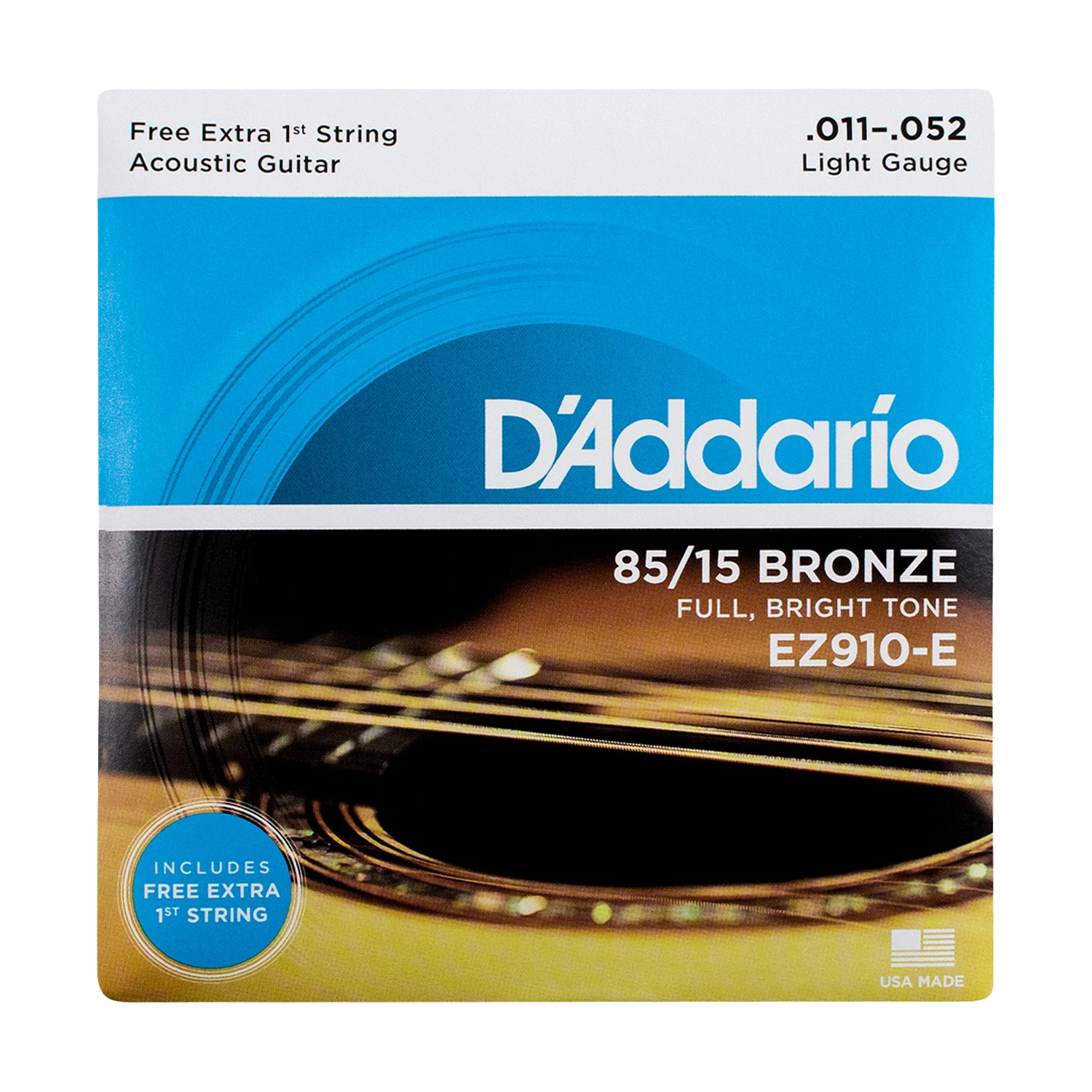 D’Addario EZ910-E 85/15 Bronze Acoustic Guitar Strings, 11-52 Custom Light Gauge, FREE Extra 1st String