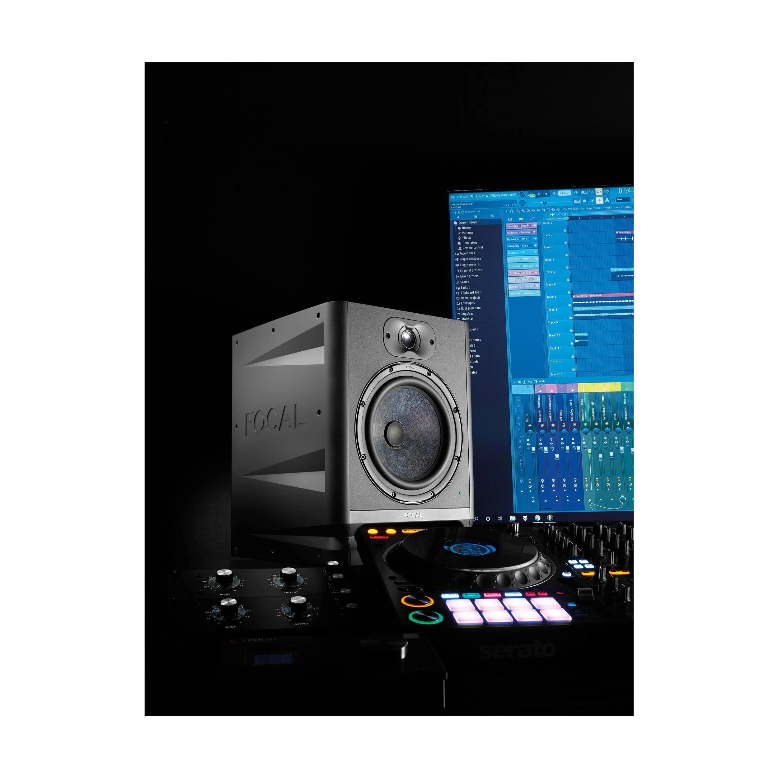 Full view in studio of Focal Alpha 80 Evo 8" Powered Studio Monitor