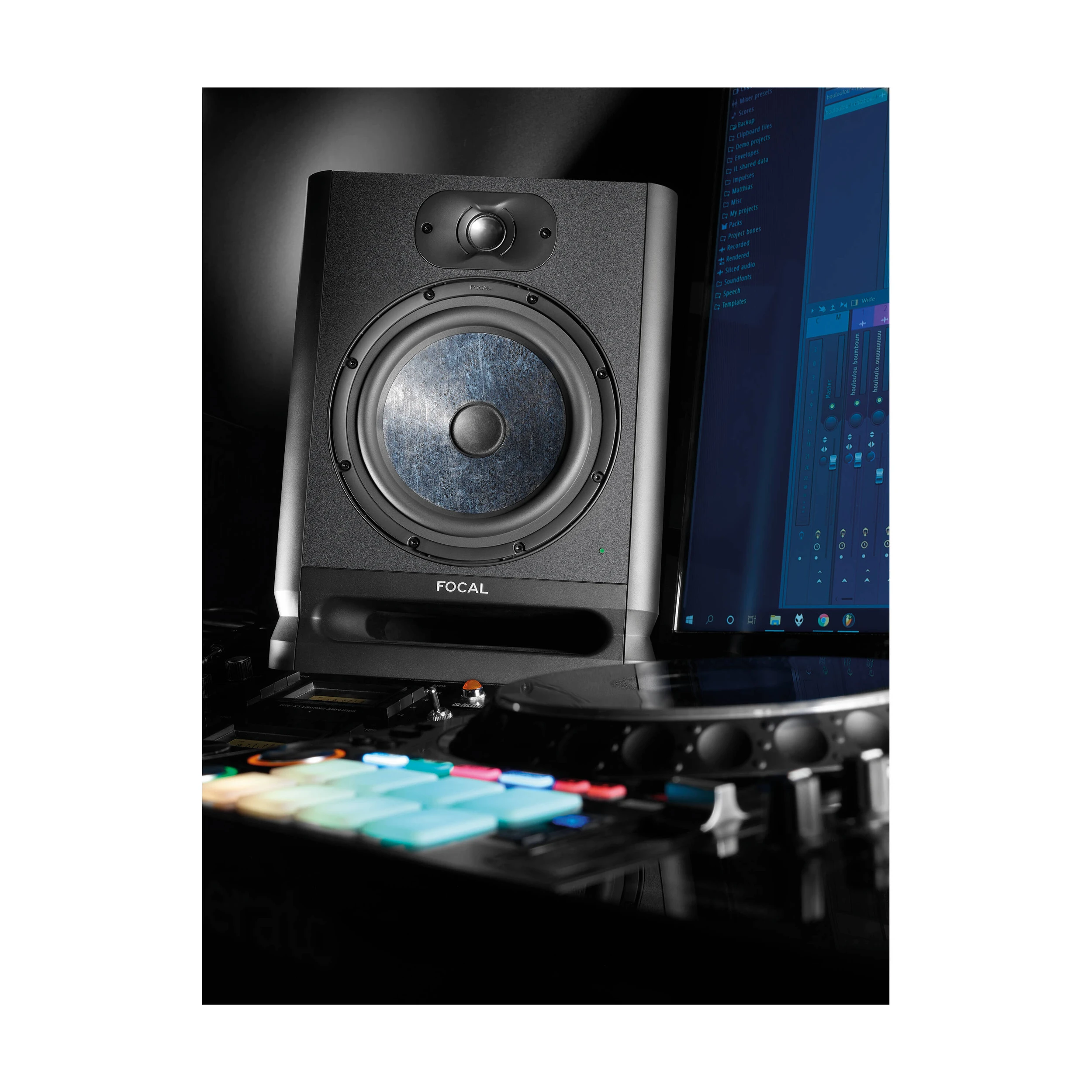 Full view in studio of Focal Alpha 80 Evo 8" Powered Studio Monitor