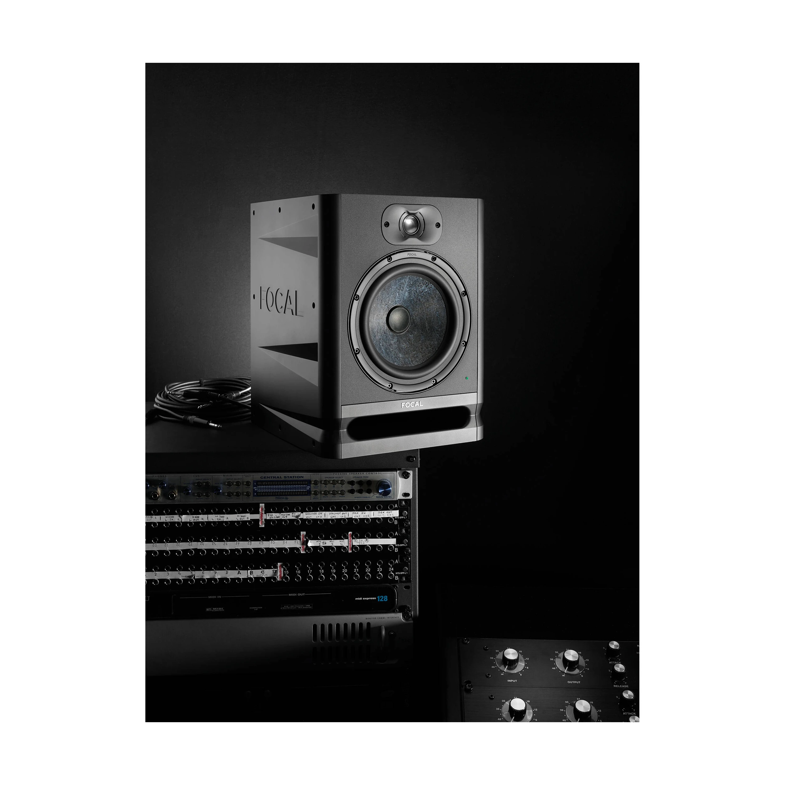 Full view in studio of Focal Alpha 80 Evo 8" Powered Studio Monitor
