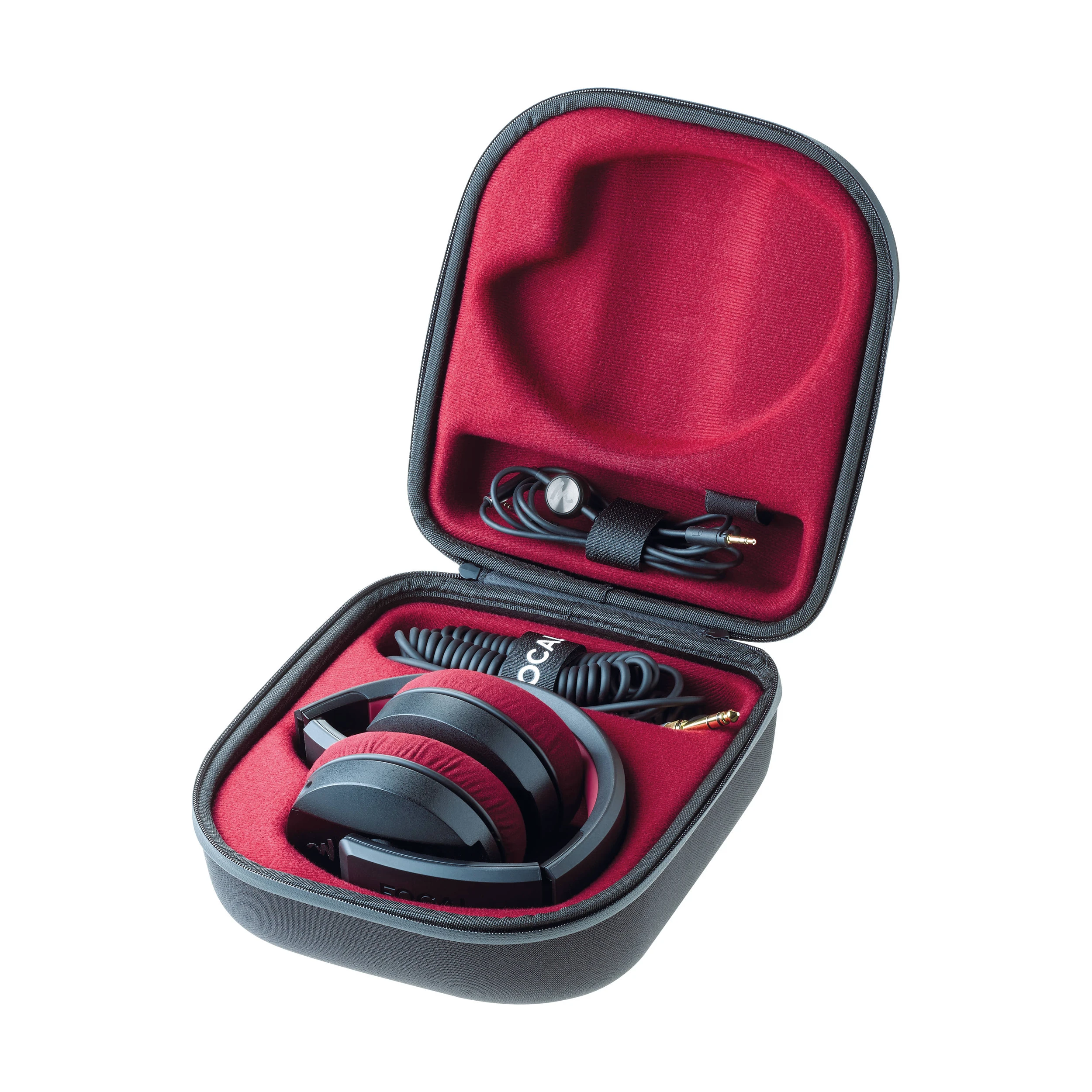 Full view of Focal Listen Professional Closed-Back Headphones, in case with cables