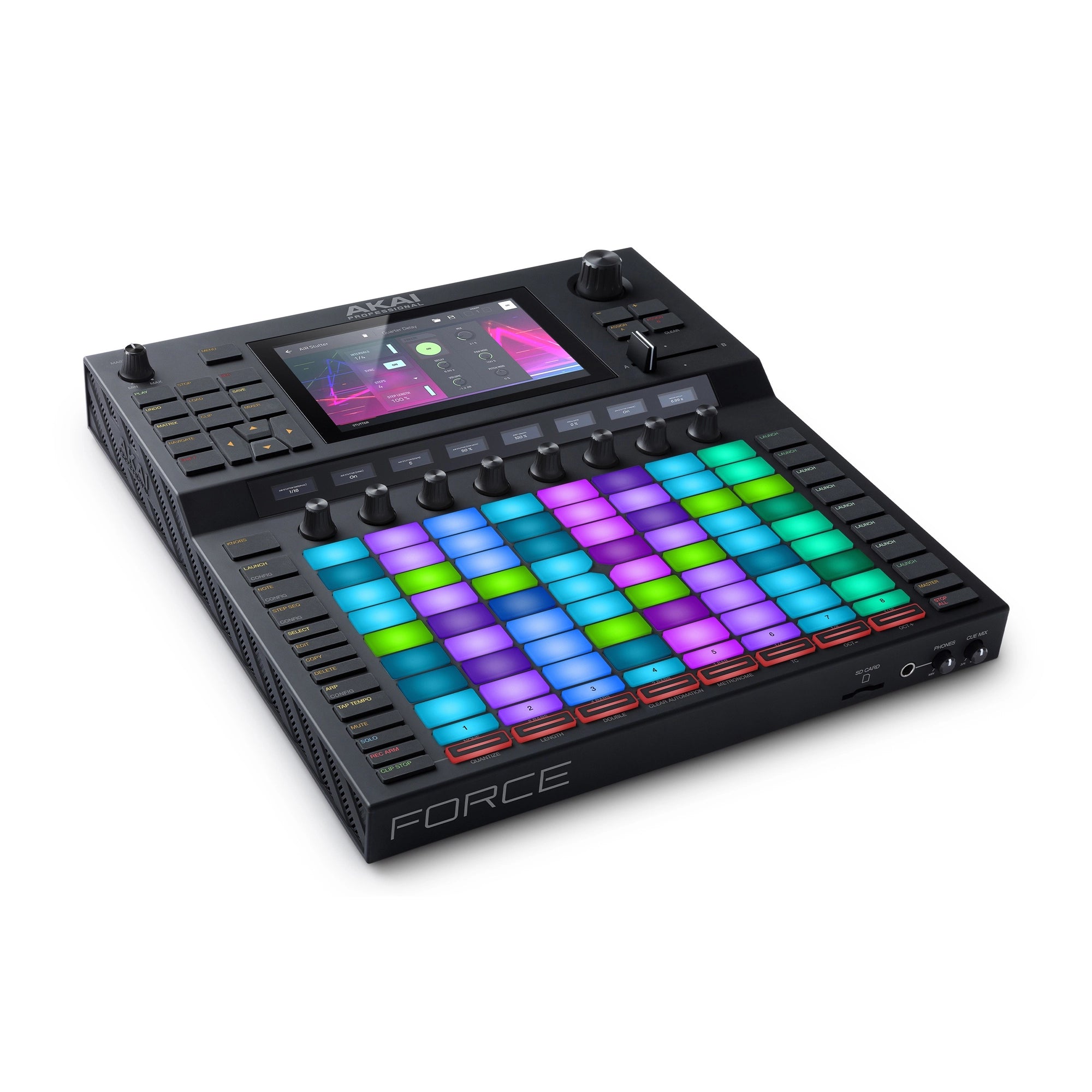 Akai FORCEXUS Music production controller with colorful pads and screen on a white background