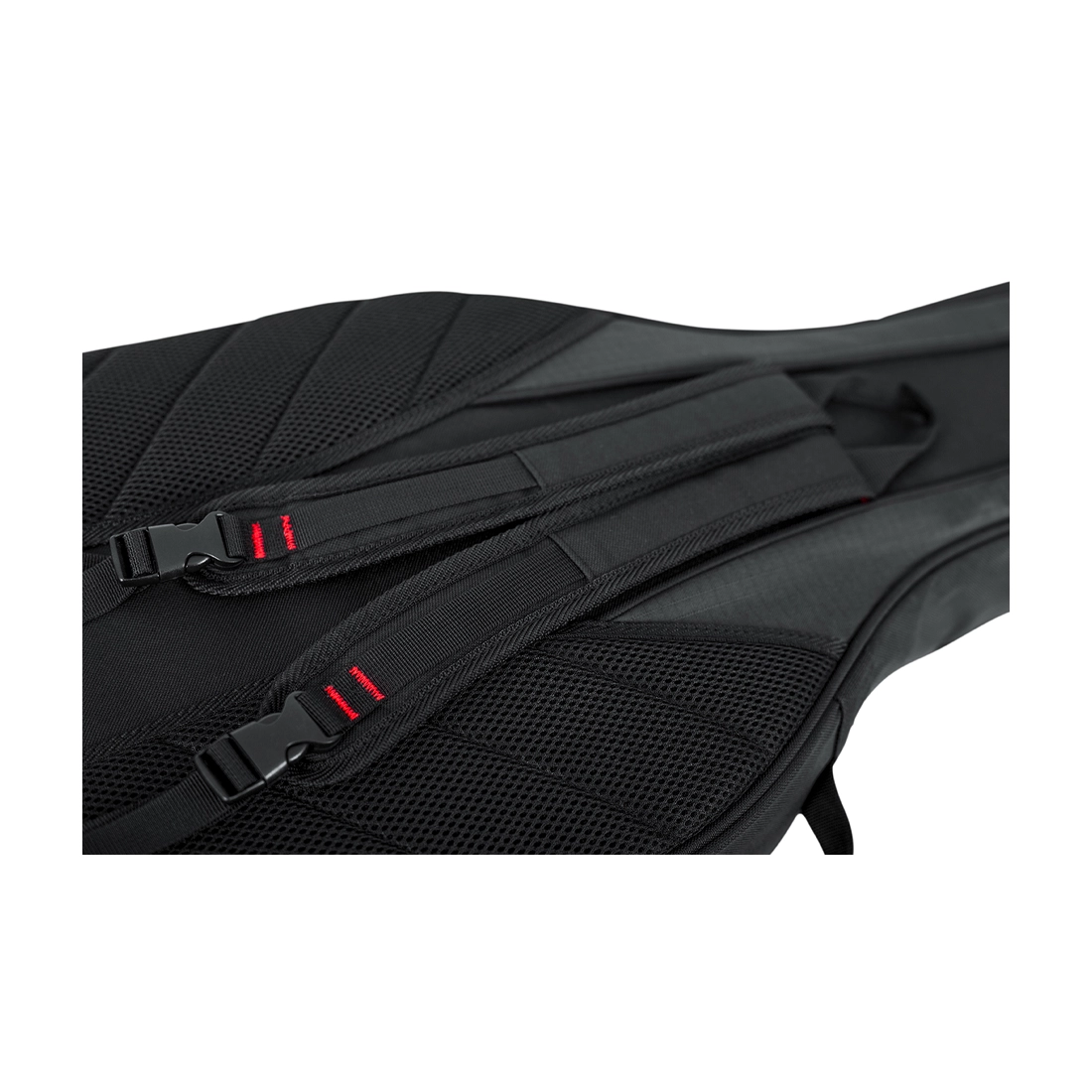 Gator 4G series gig bag for two electric bass guitars, shoulder straps close up, back view