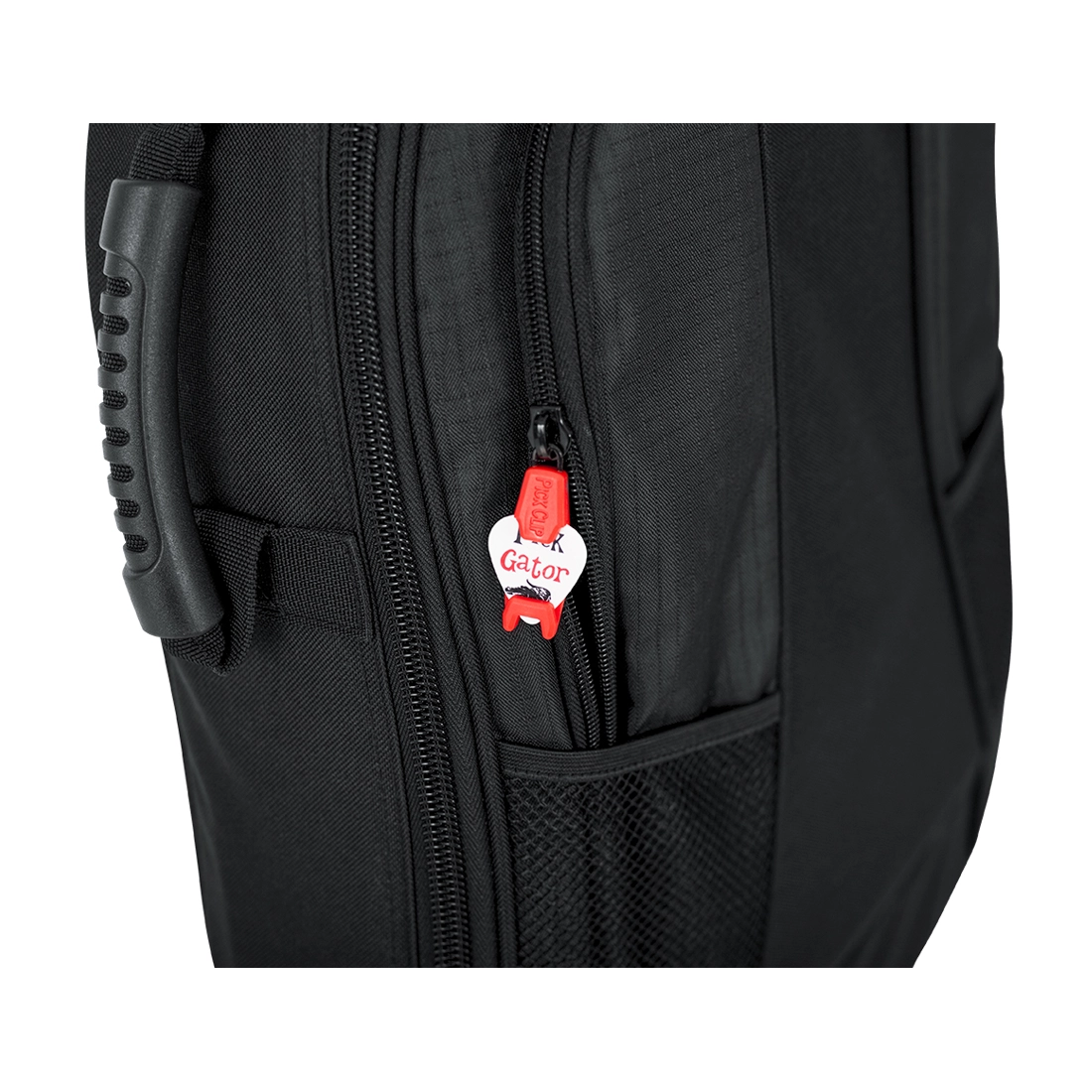 Gator 4G series gig bag for two electric bass guitars, zipper pick holder, close up