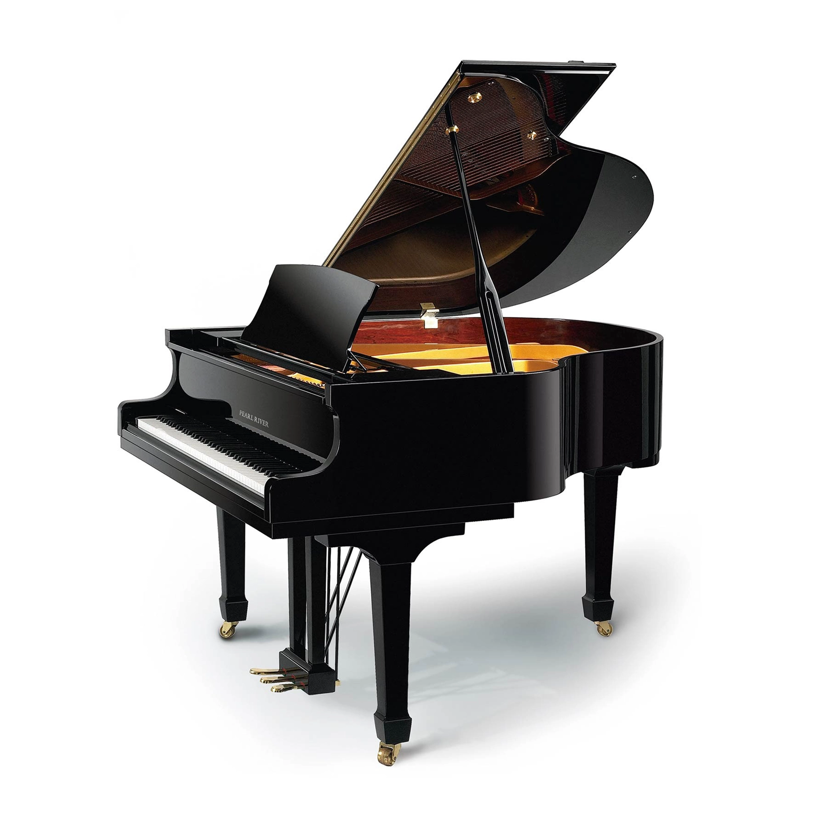 Black grand piano on a white background